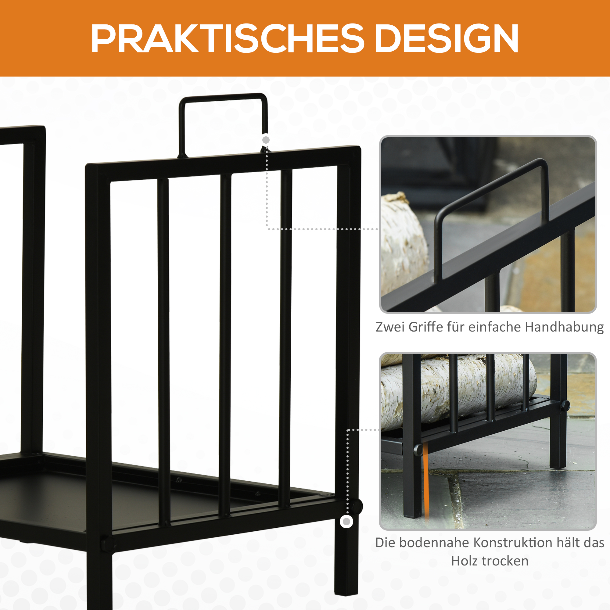 Kaminholzregal Kaminholzständer mit zwei Griffen Kaminbesteck 50 kg belastbar Feuerholzablage Kaminwerkzeug Metall Schwarz 39 x 32,5 x 46 cm