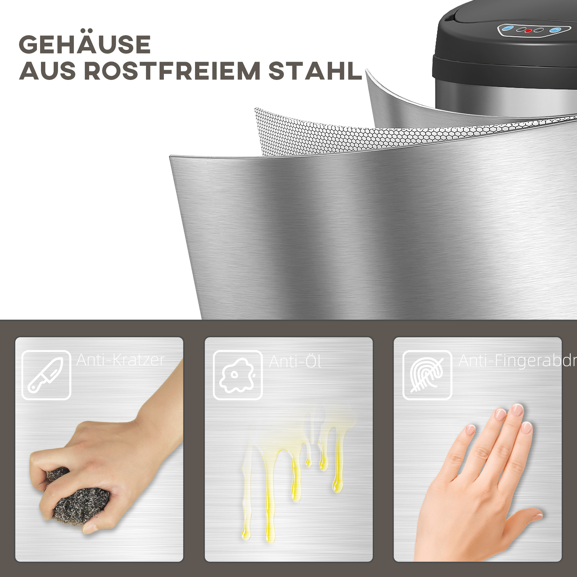 42 Liter Sensor-Mülleimer mit Soft-Close-Funktion, berührungsfreier Abfalleimer aus Edelstahl für hygienische Küchen