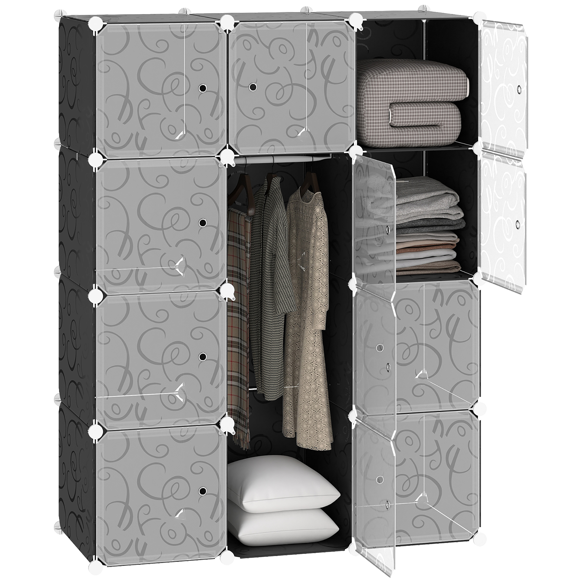 DIY Kleiderschrank Regalsystem mit 2 große und 9 kleinen Würfeln DIY-Würfelregal, Schuhregal, Aufbewahrungsregal für Büchern Spielzeug Schwarz 111 x 47 x 145 cm
