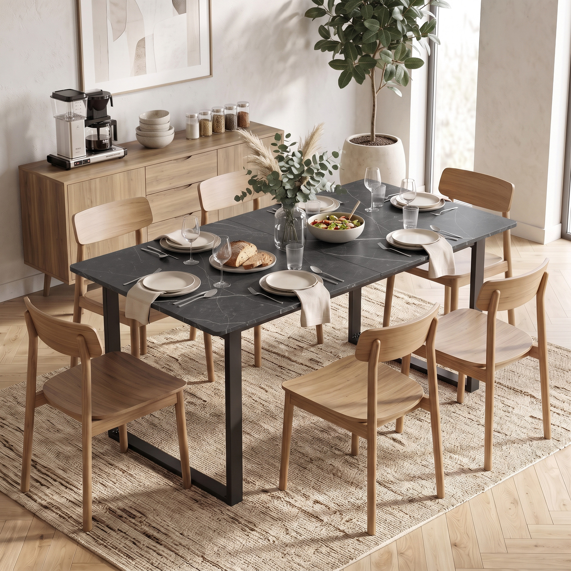 ausziehbarer Esstisch 140-180 cm für 6-8 Personen, rechteckig im Industrial-Design mit Stahlgestell, Schwarz