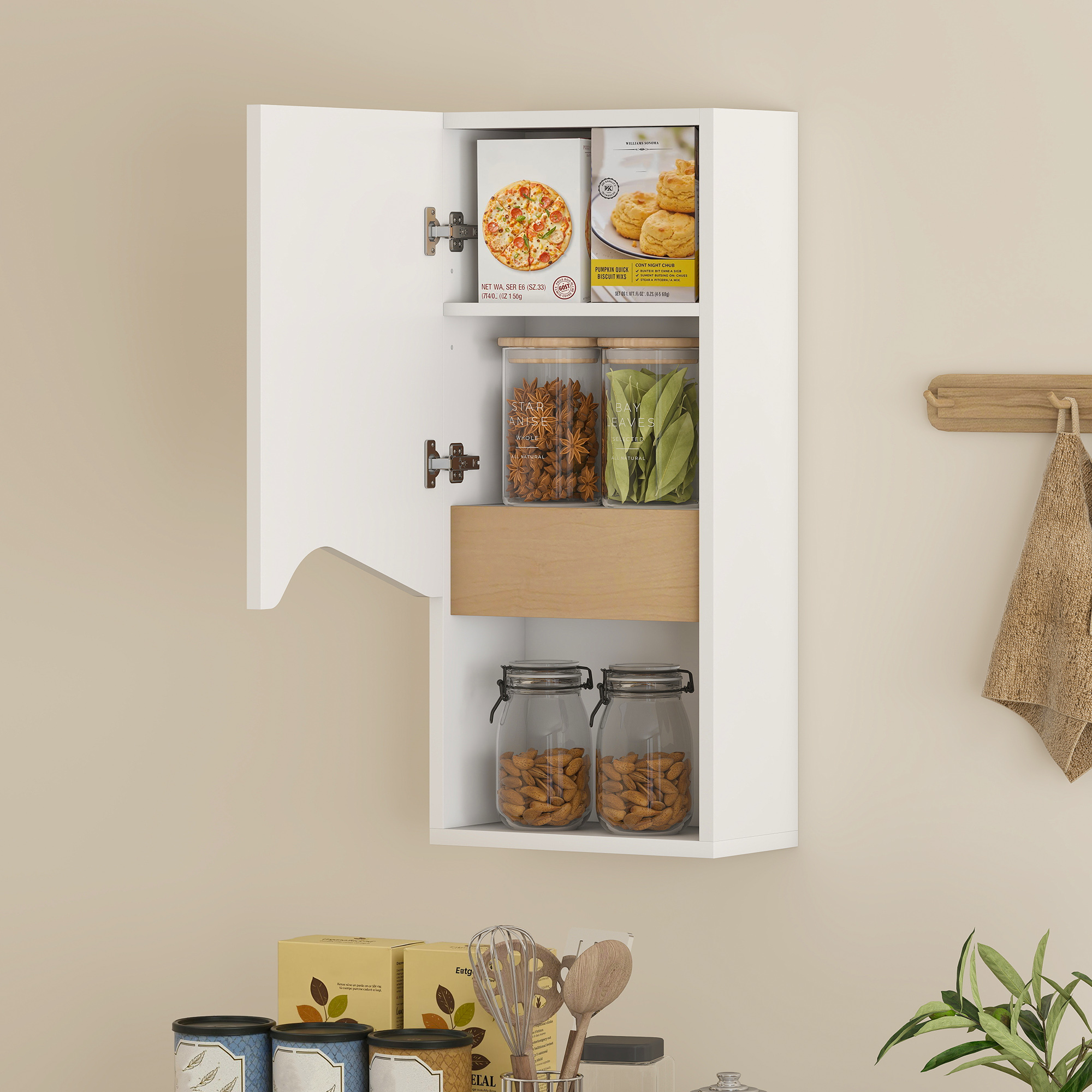 Badezimmerschrank Wandschrank mit Soft-Close-Tür und offenem Fach 30 x 17 x 67 cm Weiß
