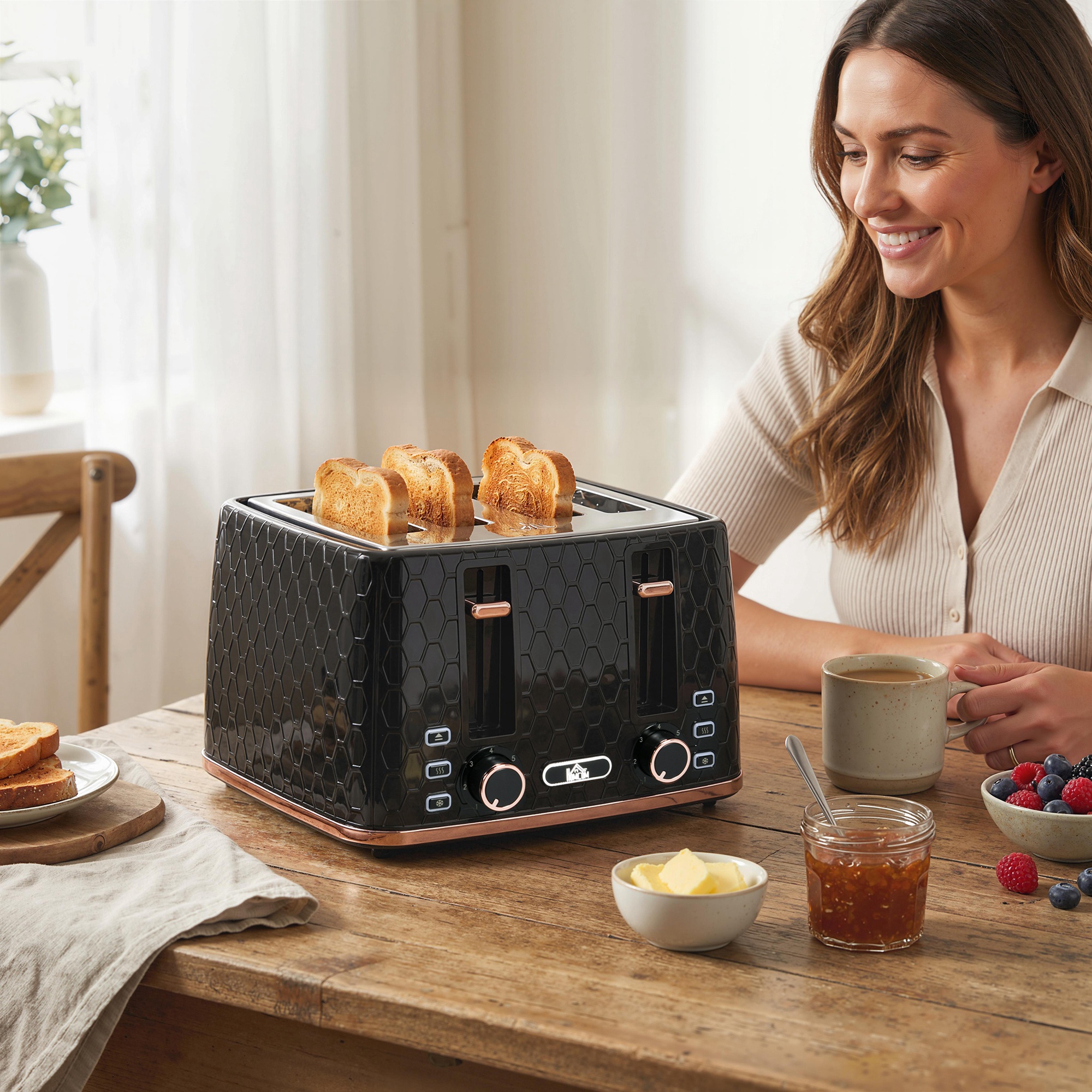 4-Scheiben-Toaster mit 7 Bräunungsstufen, High-Lift, Aufwärmen/Auftauen/Abbrechen, 1860W, Schwarz mit Wabenstruktur