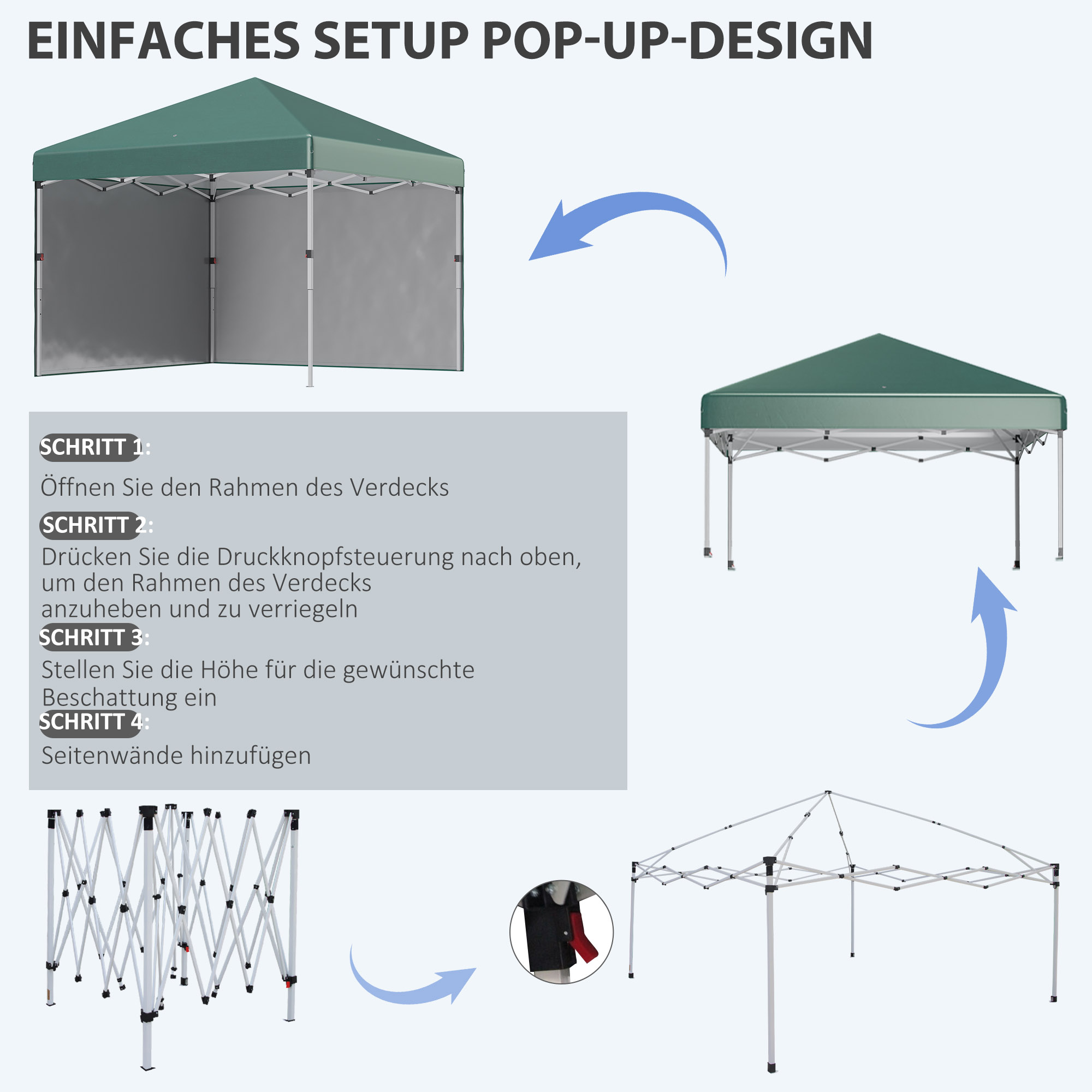 Faltpavillon, 2 Seitenwände, höhenverstellbar, mit Transporttasche, rostfreies Stahlgestell, 3 x 3 m, Grün