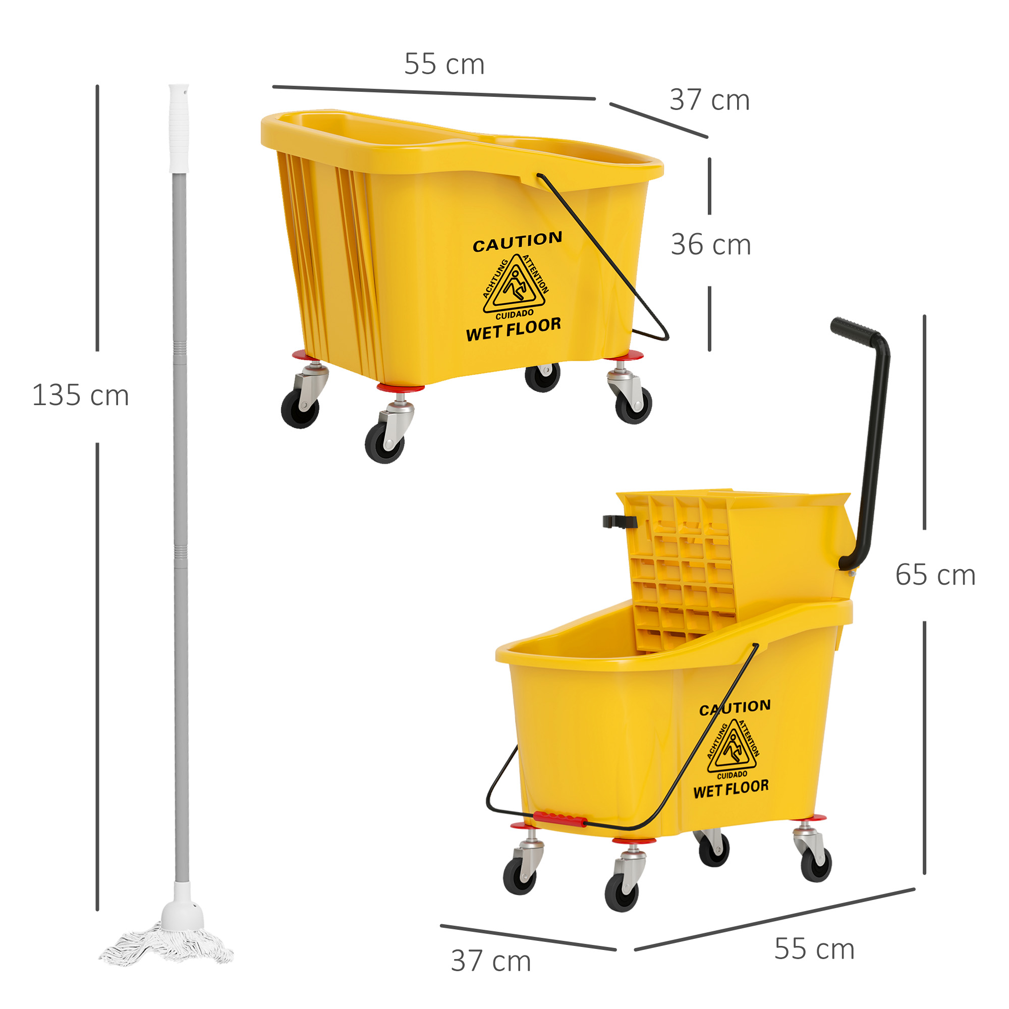 Wischeimer auf Rädern mit Mopp-Auswringer, Mopp-Halter, 36 Liter, Kunststoff, Gelb