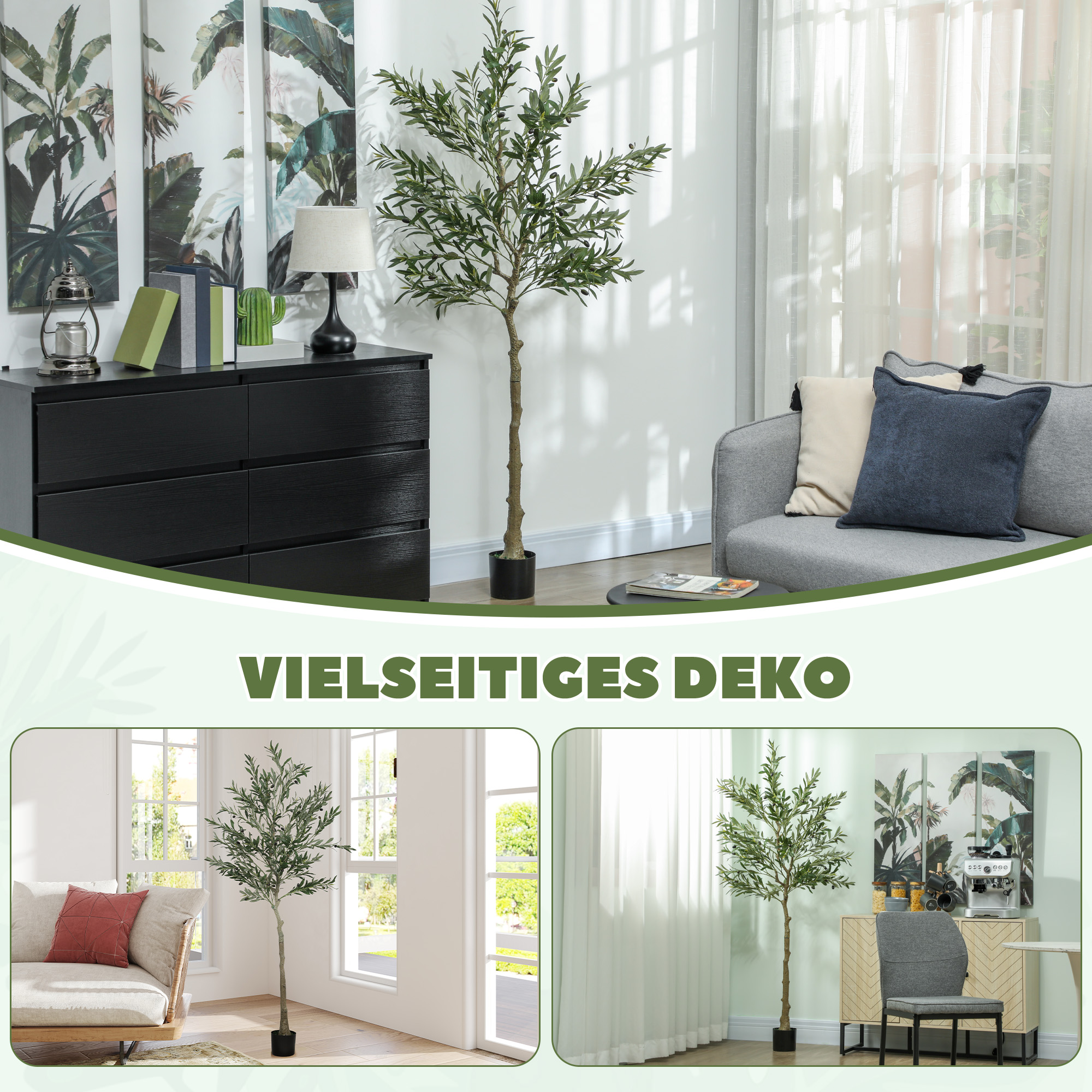 Kunstpflanze, künstlicher Olivenbaum, 180 cm, 900 Blätter, 40 Oliven, stabiler Blumentopf, Dekorationspflanze, Grün