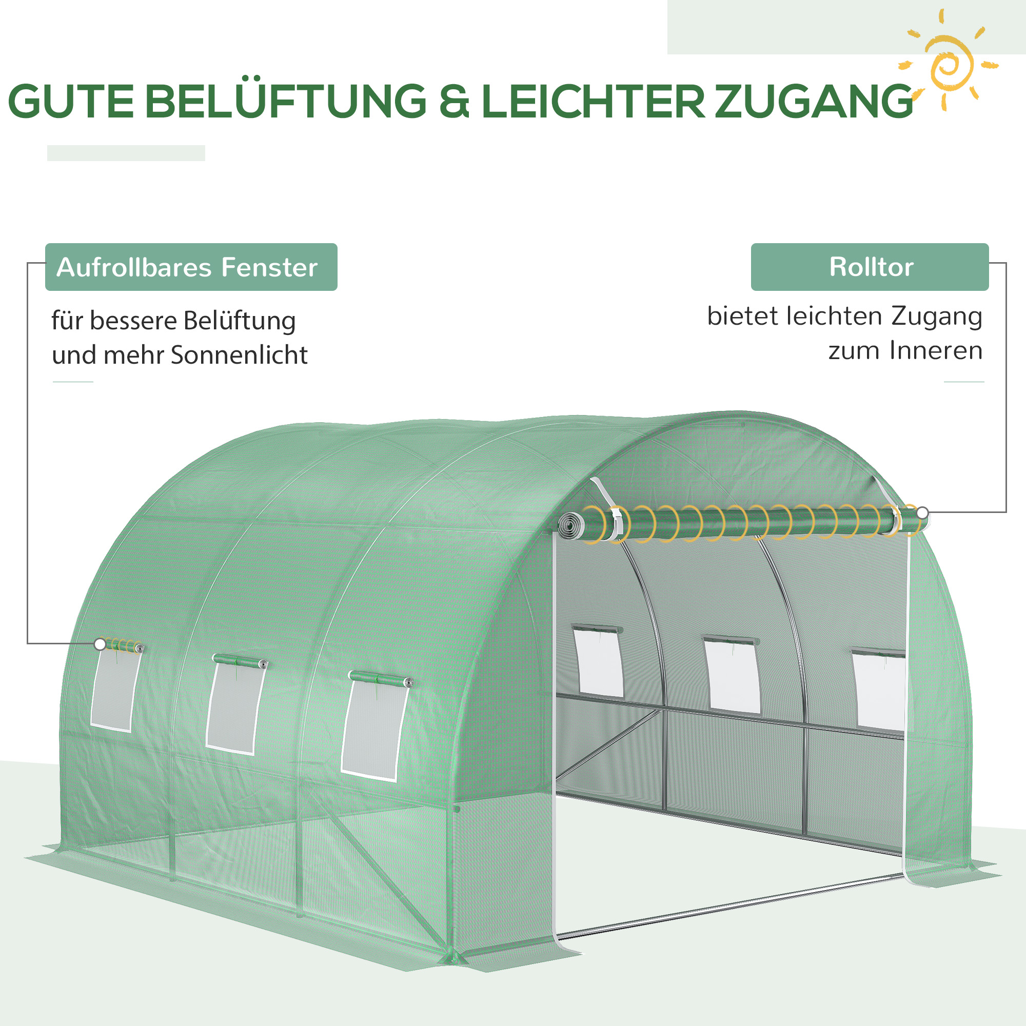 Ersatzfolie für 3x3x2 m Gewächshaus, robust, reißfest, 6 Fenster, Tür, Grün