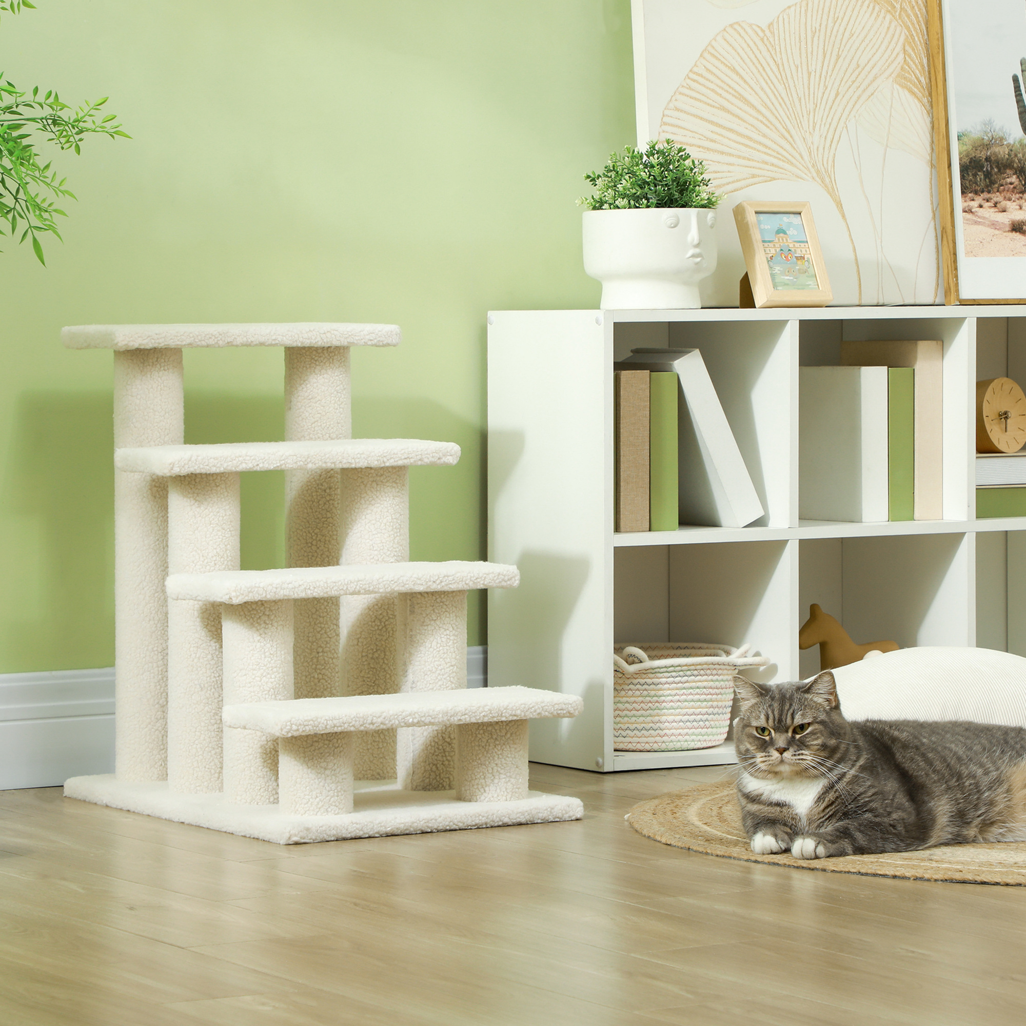 Katzentreppe 4 Stufen Tiertreppe Treppe für Katze Haustiertreppe Hundetreppe aus Plüsch 61 x 41 x 60 cm Cremeweiß