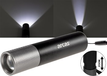 LED-Taschenlampe ARCAS mit Akku 3W - 300lm, Zoom LED-Taschenlampe ARCAS mit Akku 3W - 300lm, Zoom