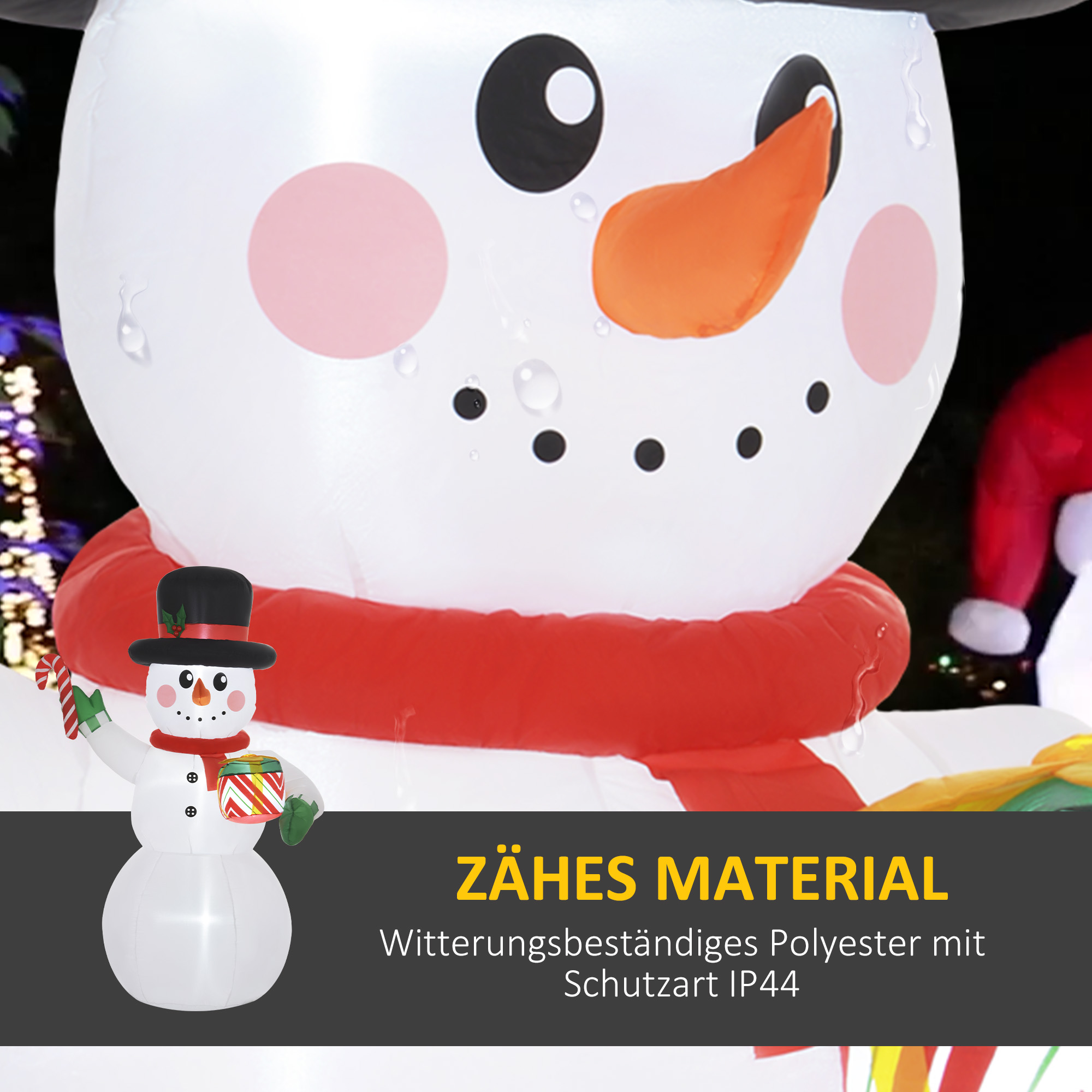 1,80 m Schneemann mit Zuckerstange & Geschenk, selbstaufblasbar, LEDs, wetterfest