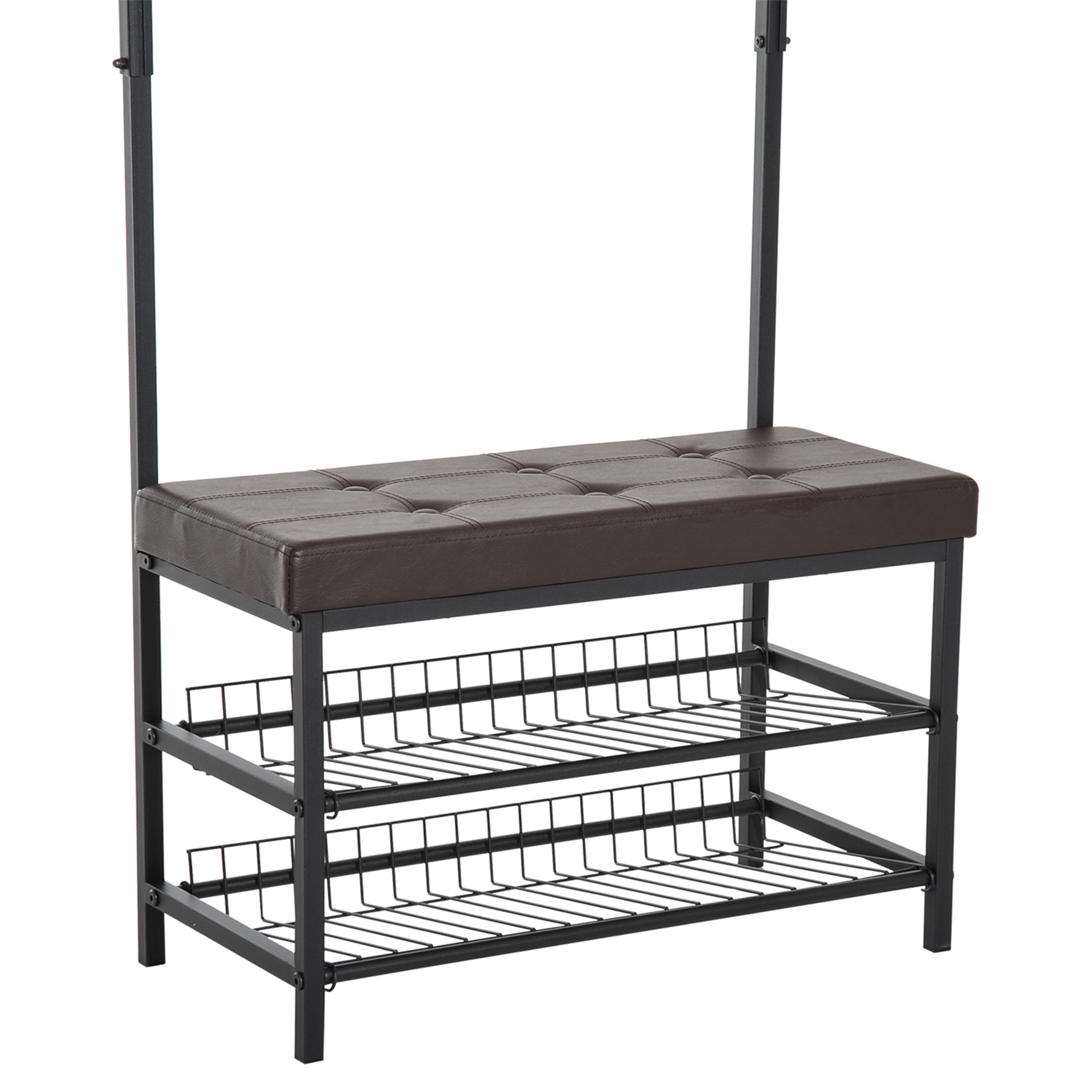 Garderobenständer Kleiderständer mit 5 Haken und Schuhbank mit 2 Ebenen Garderobe aus Metall für Flur, Schlafzimmer, 72,5 x35 x 180cm