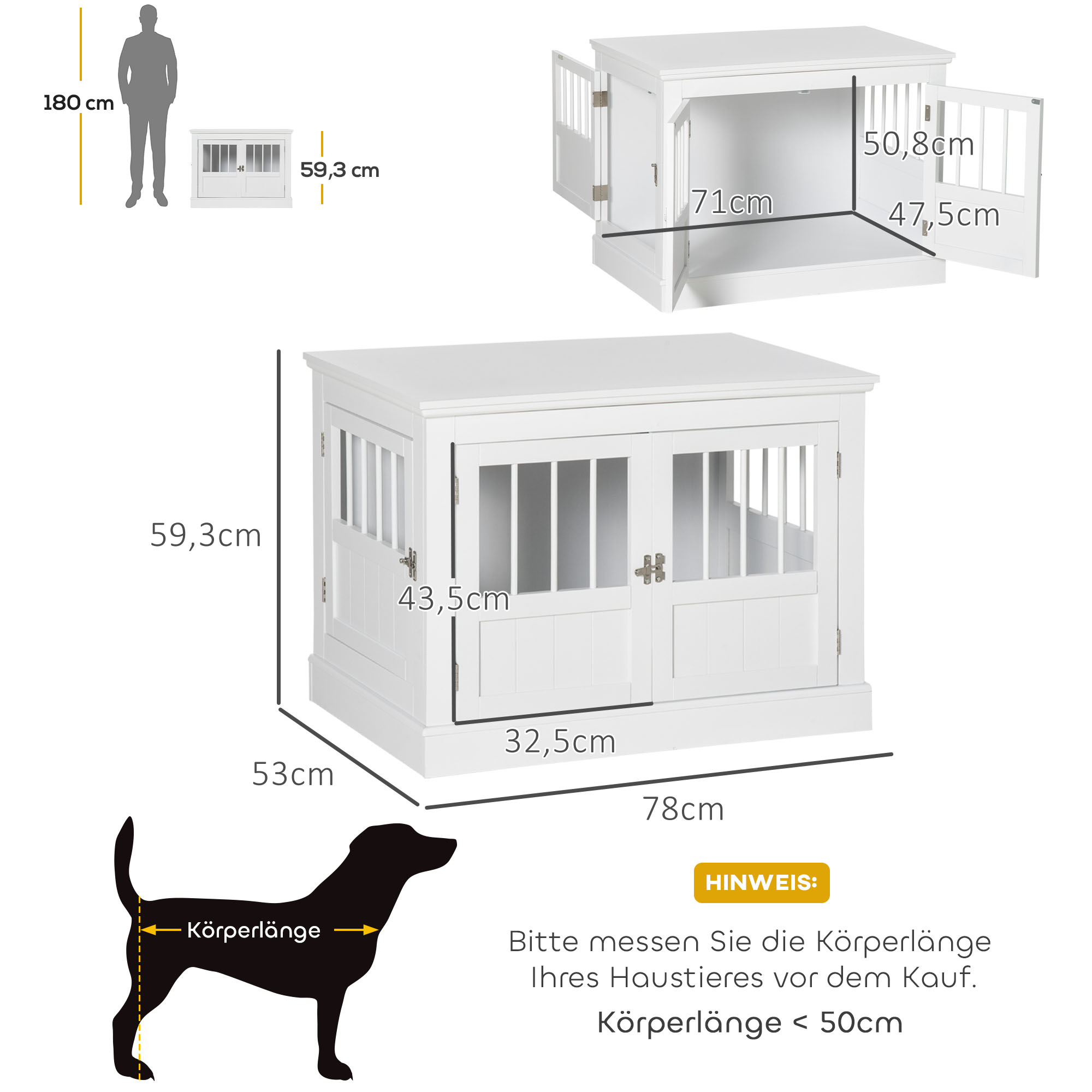 Hundekäfig, Möbel mit 3 Türen Hundehütte Hundebox für Zuhause 78 x 53 x 59,3 cm, Weiß
