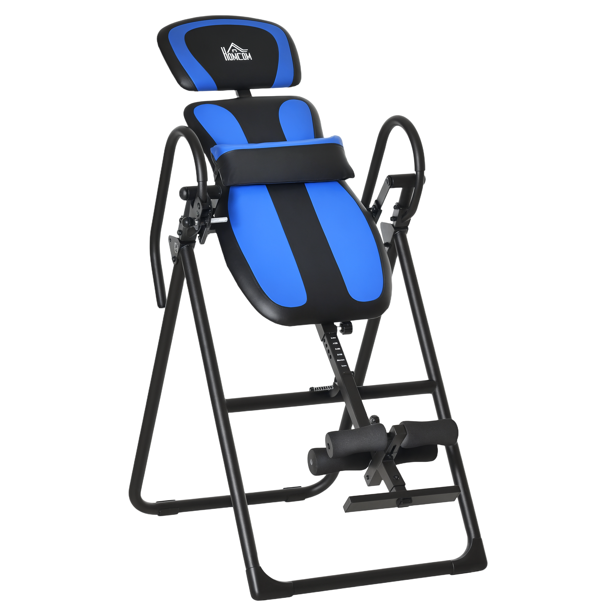 Inversionsbank klappbarer Schwerkrafttrainer mit zwei beweglichen Rädern eingestellt Rückenpolster Metall ABS Schwarz+Blau 132 x 71 x 145 cm