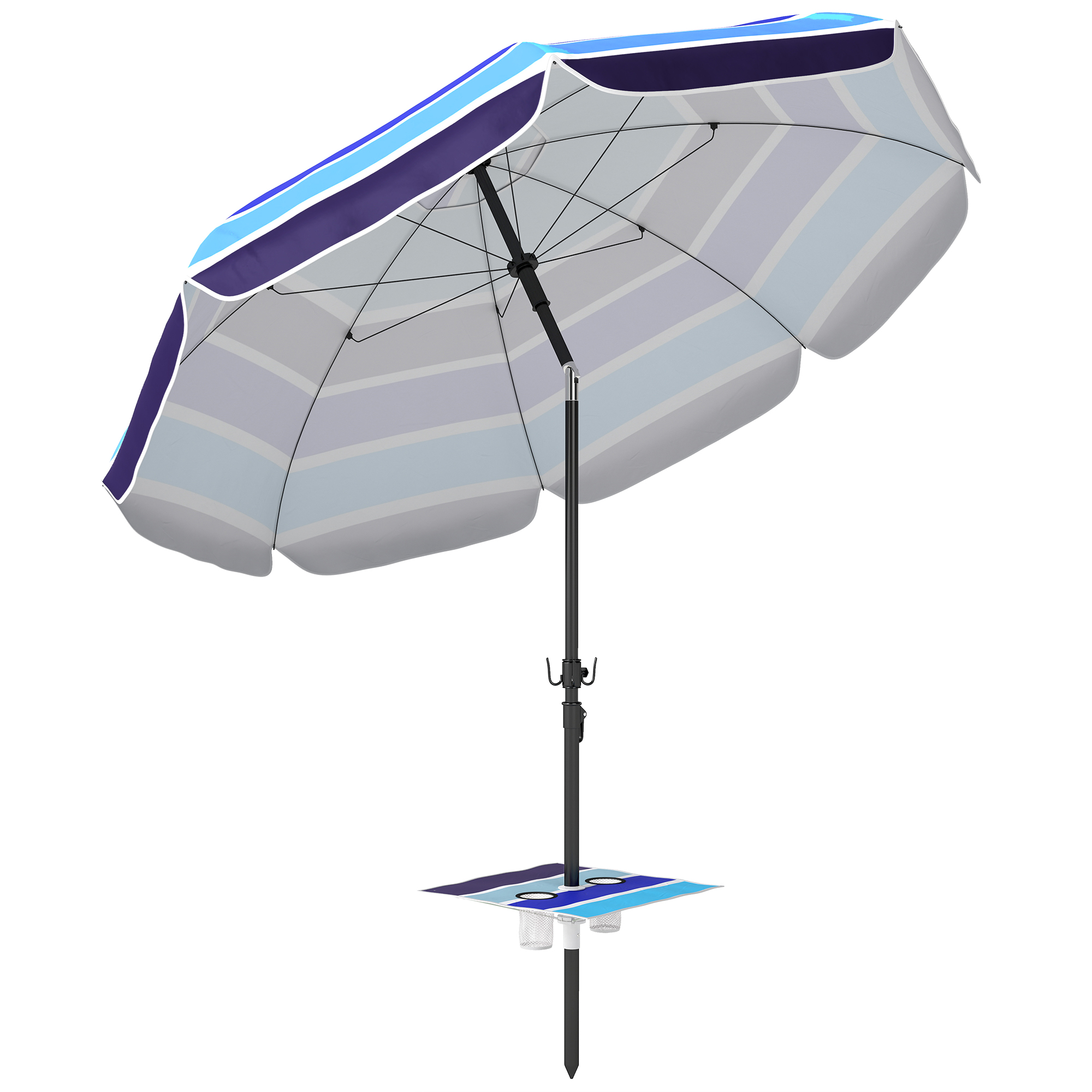 Sonnenschirm Strand Ø198 cm UV30+ Strandschirm mit klappbar Tisch Getränkehalter verstellbarer Neigung Mehrfarbig