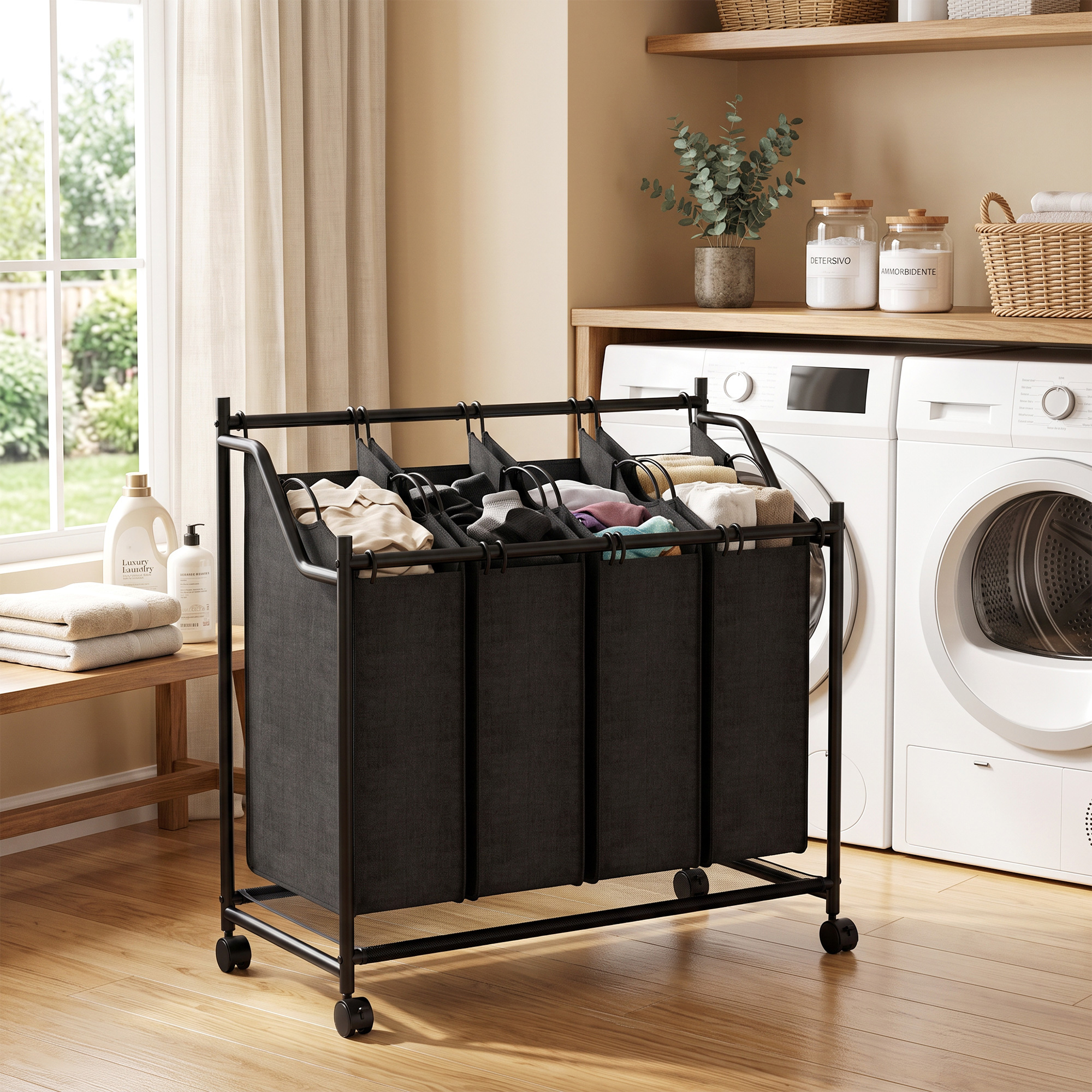 Wäschesammler mit Griff, 108 L rollbarer Wäschekorb mit 4 Fächern und Rollen, Schwarz