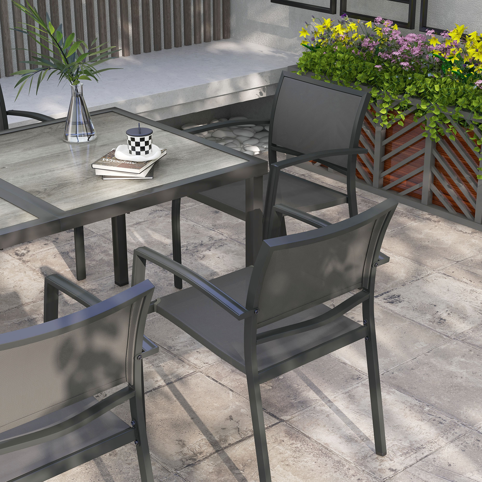 Gartenmöbel-Set Gartensitzgruppe, 1 Tisch, 6 Stühle, 150 x 87 x 72 cm, Grau