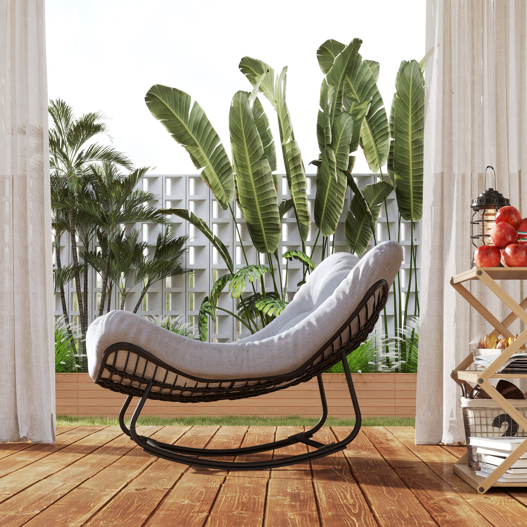 Rattan Schaukelstuhl Gartenbank mit Stahlrahmen Kissen 98 x 111 x 74 cm Grau