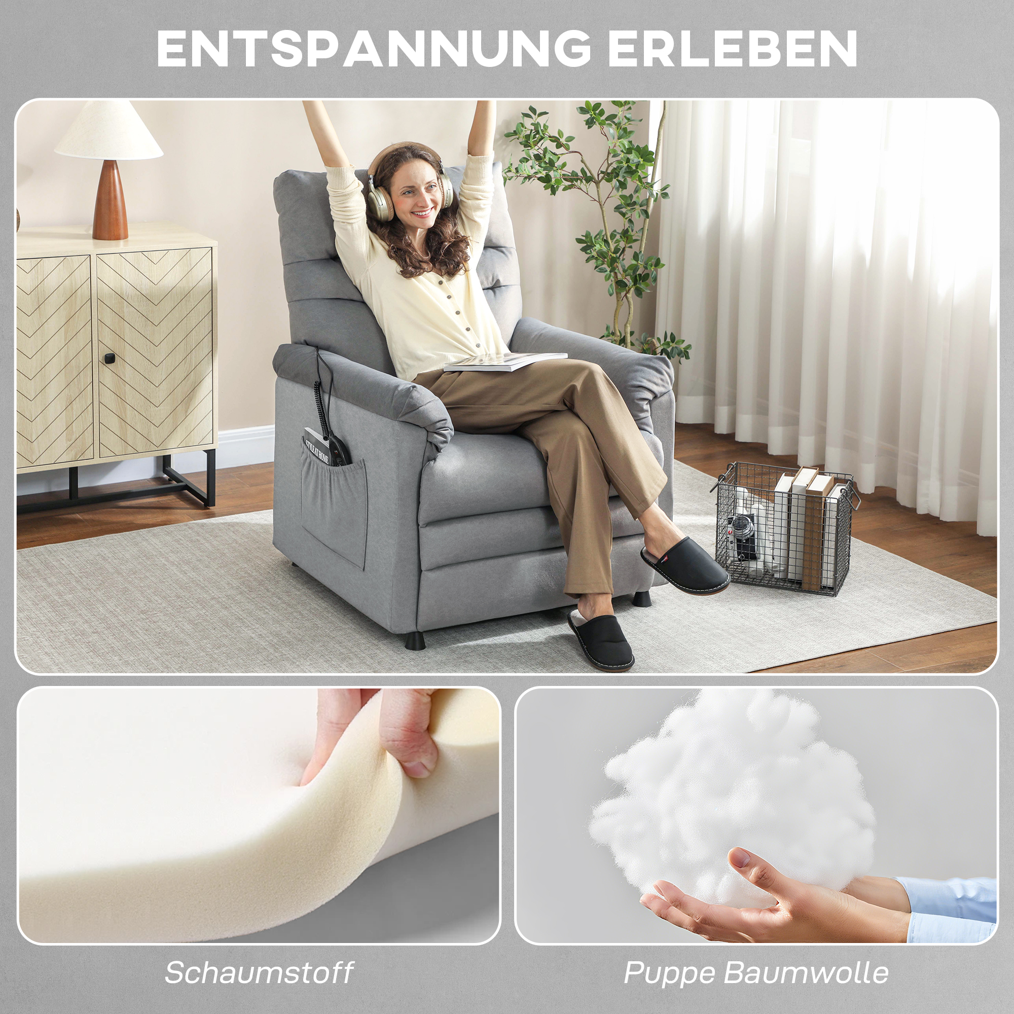 Relaxsessel, Fernsehsessel mit Liegefunktion, Lendenheizung, 2 Fernbedienungen, USB-Anschluss, Leisem Motor, Grau