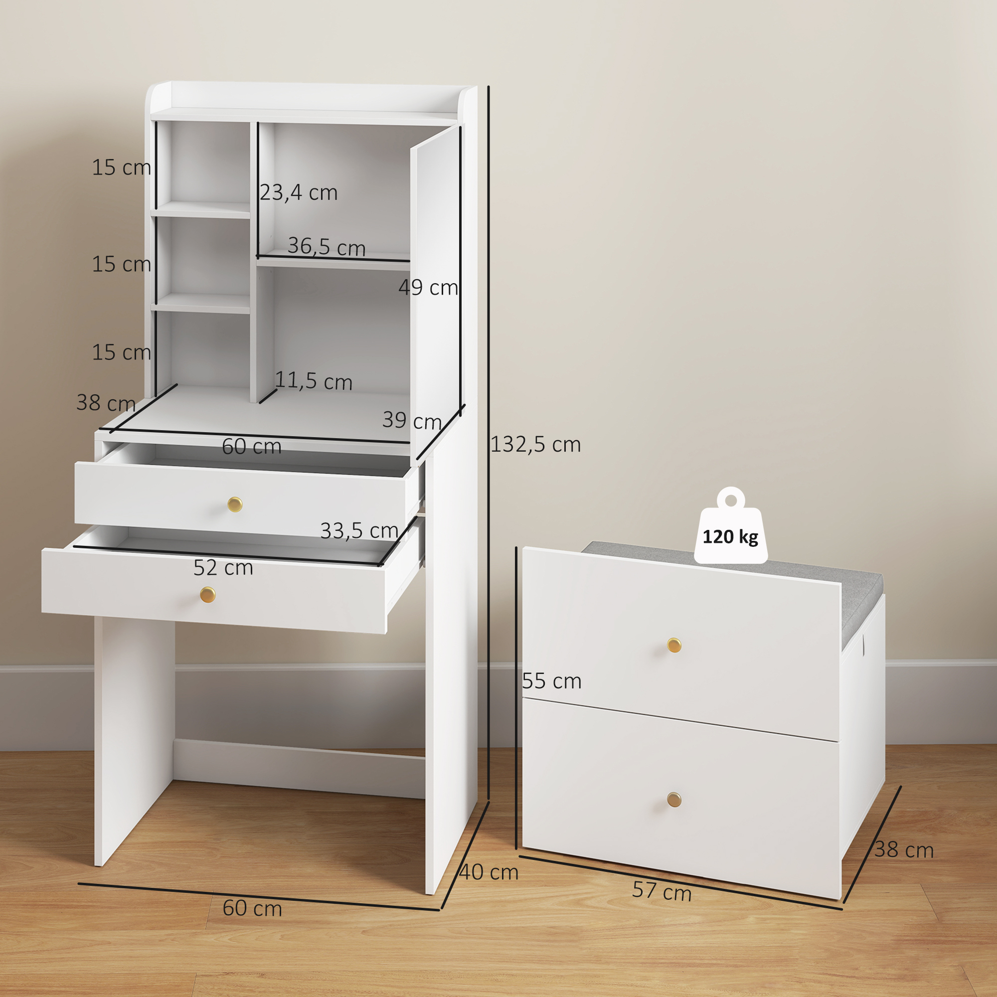 Schminktisch mit Spiegel und gepolstertem Hocker, kompakter Frisiertisch mit Schrank, Schubladen und offenen Ablagen, Weiß