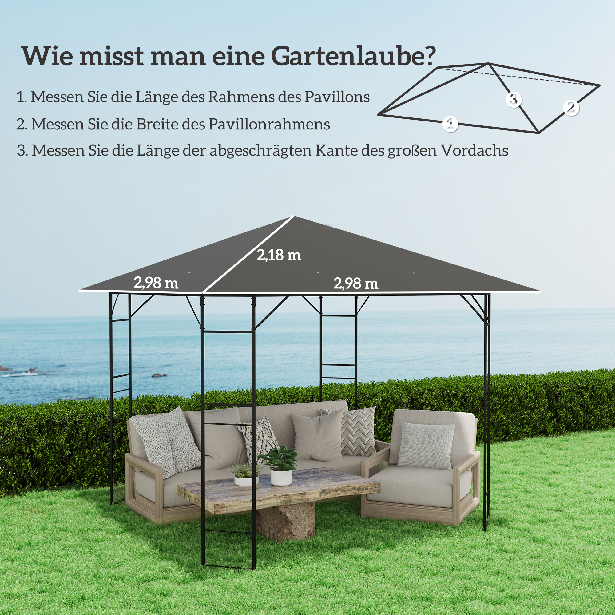 Ersatzdach für Pavillon 3 x 3 m wasserabweisend Pavillondach UPF30+ Ersatzbezug Oxford-Stoff, 370 g/m², Grau