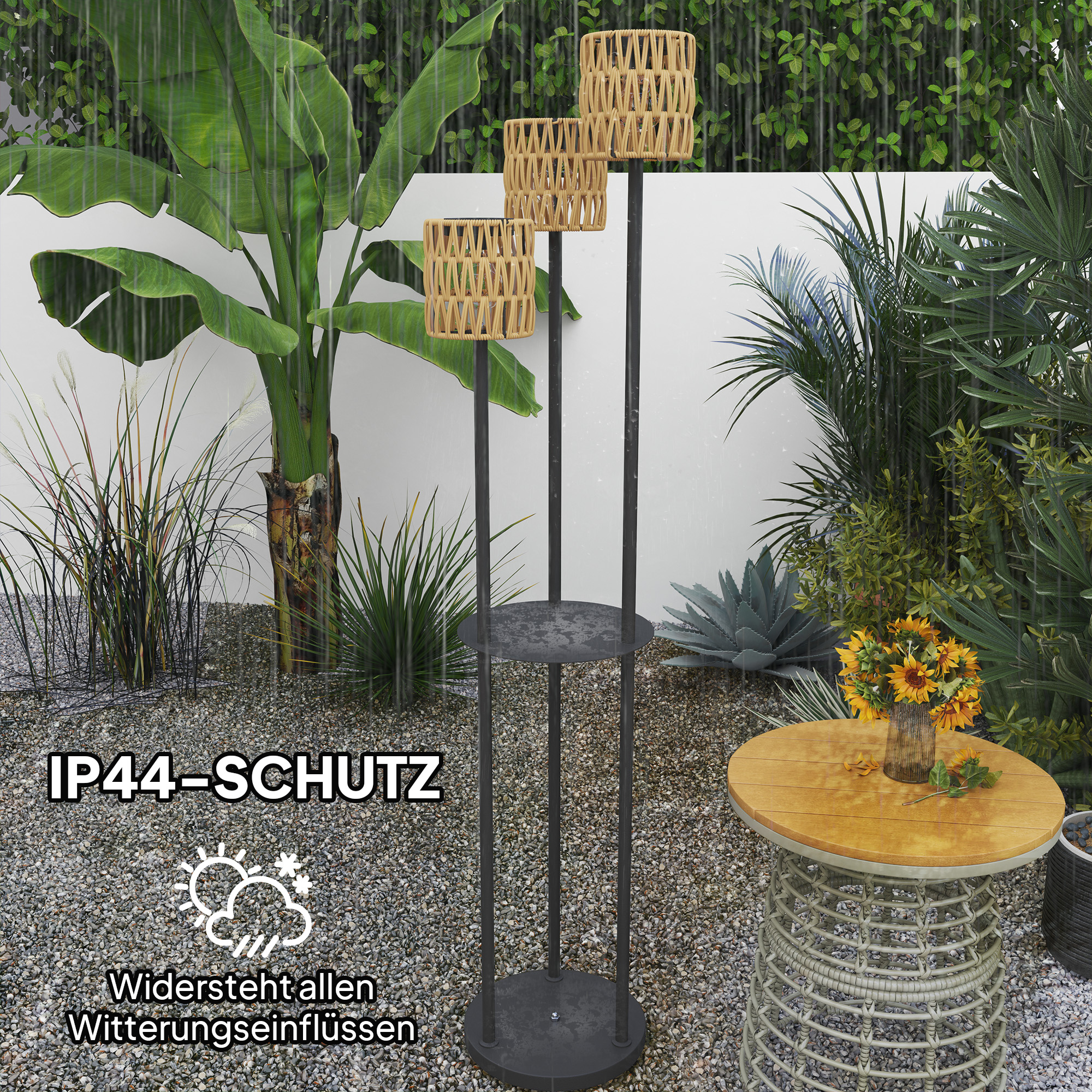 Solar Stehlampe Rattan Solarlampen mit Lichtsensor 3 Lichte Solarleuchte im Boho-Stil IP44 Ø37 x 144H cm