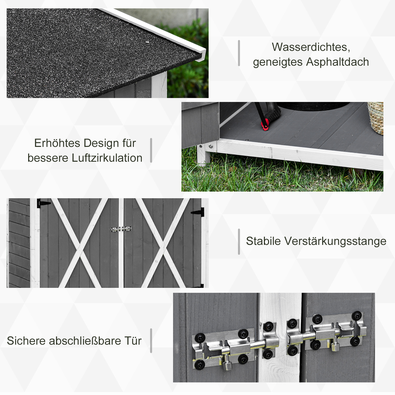 Gartenschrank Geräteschuppen mit 2 Tür Geräteschrank mit Asphaltdach Gartenlagerschrank Antidumping Design mit Bodennägel Tannenholz Grau+Weiß 139 x 75 x 160 cm