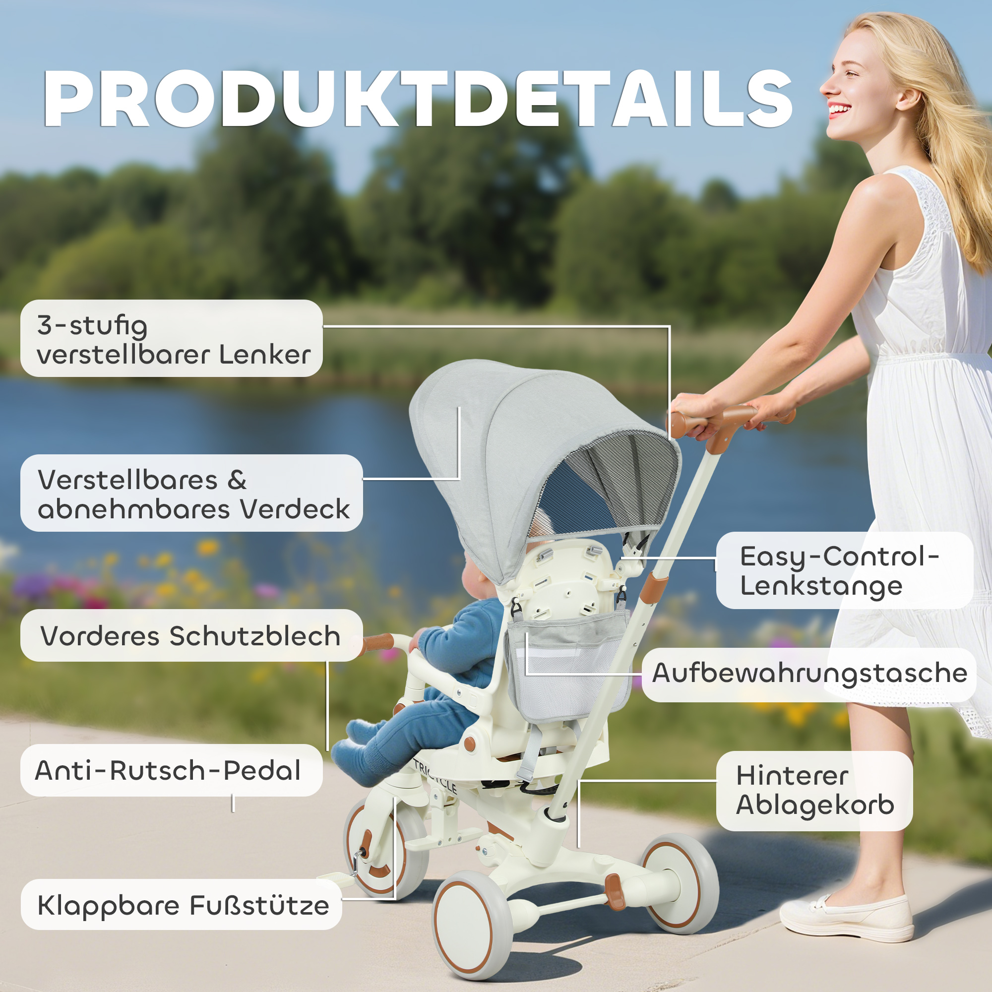 Kinder-Dreirad, wandelbarer Baby-Buggy, 5-in-1 Design, abnehmbarer Schiebegriff, verstellbar, Sicherheitsgurt, Aufbewahrungstasche, 1-3 Jahre, Cremeweiß