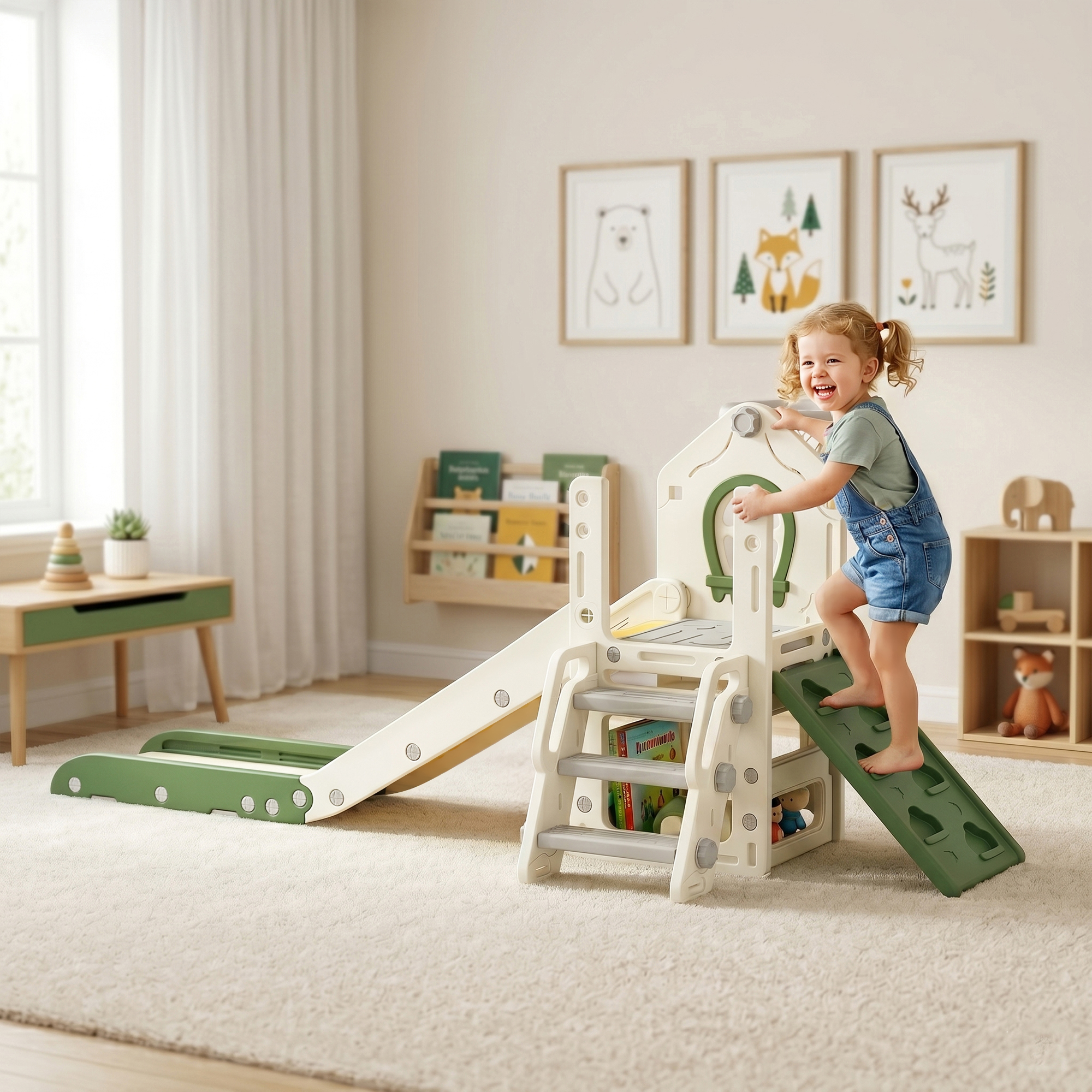 faltbare 4-in-1 Kleinkinderrutsche mit Kletterelement, Basketballkorb, Stauraum und Basketball für Kinder von 1-3 Jahren, Cremeweiß