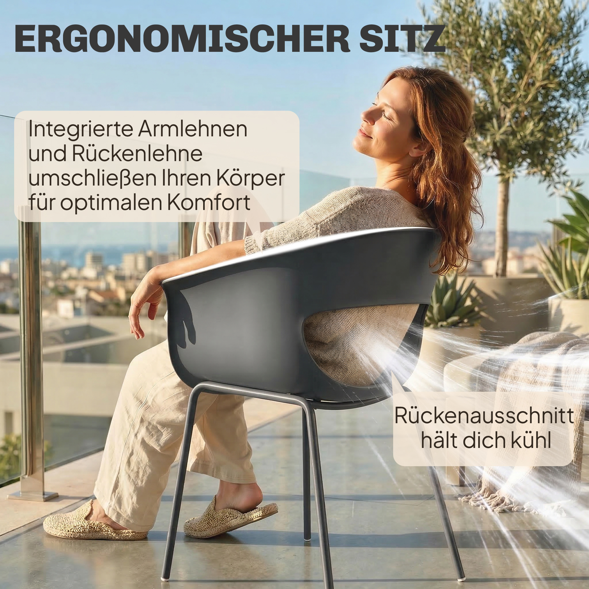 Gartenstühle 4er Set ergonomisch Balkonstühle mit Ausschnittdesign Armlehne Wetterfest rostbeständig Dunkelgrau