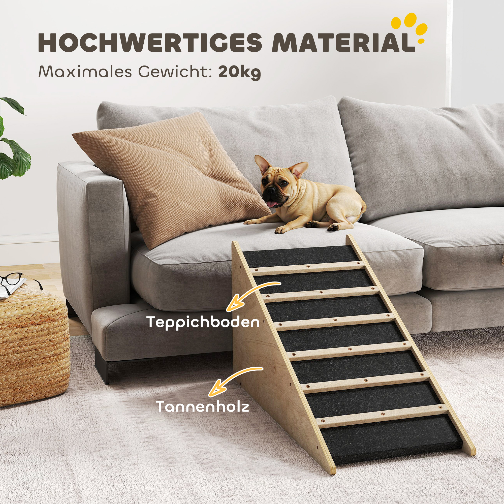 Haustiertreppe, Hundetreppe, Kiefernholz, Anti-Rutsch-Beschichtung, 90 cm x 40 cm x 45 cm, Natur + Grau
