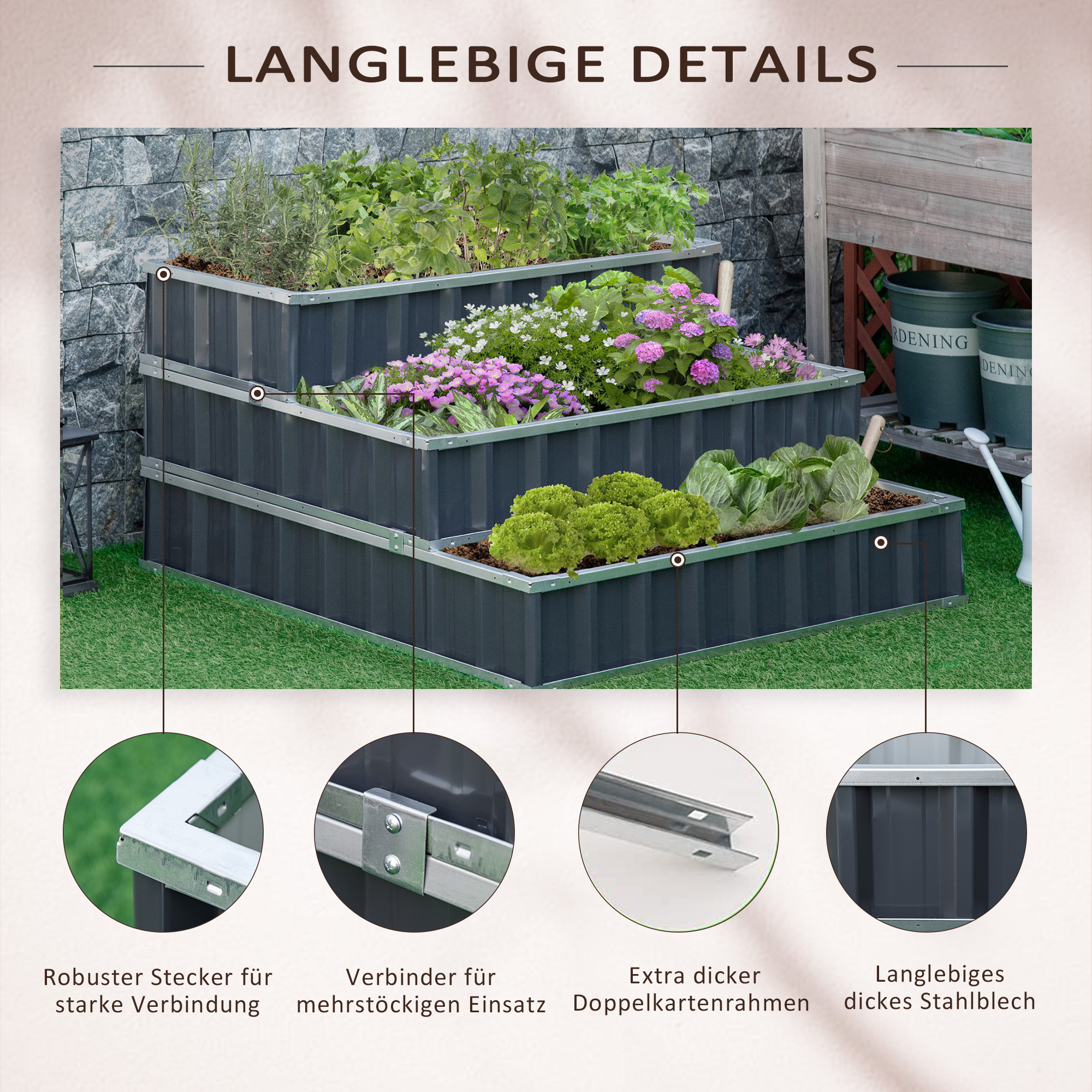 Hochbeet aus Stahl 3-stufige Gartenbeet mit T-Form-Pflanzenschilder Handschuhe Pflanzenbeet Kräuterbeet Blumentreppe für Balkon Garten Dunkelgrau 118 x 118 x 62 cm