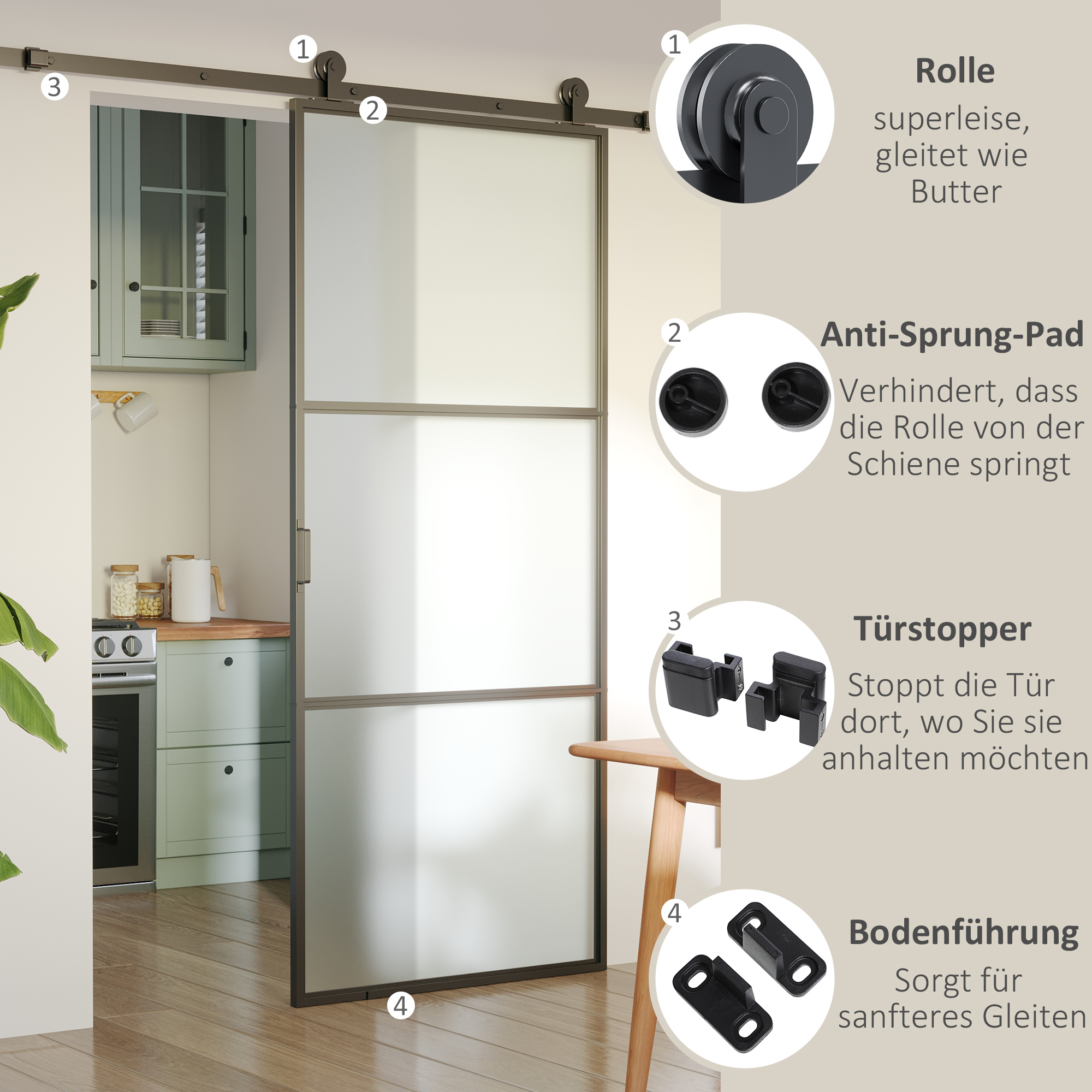 Schiebetür-Kit, Kohlenstoffstahl, Installations-Set ohne Tür, platzsparend, Schwarz