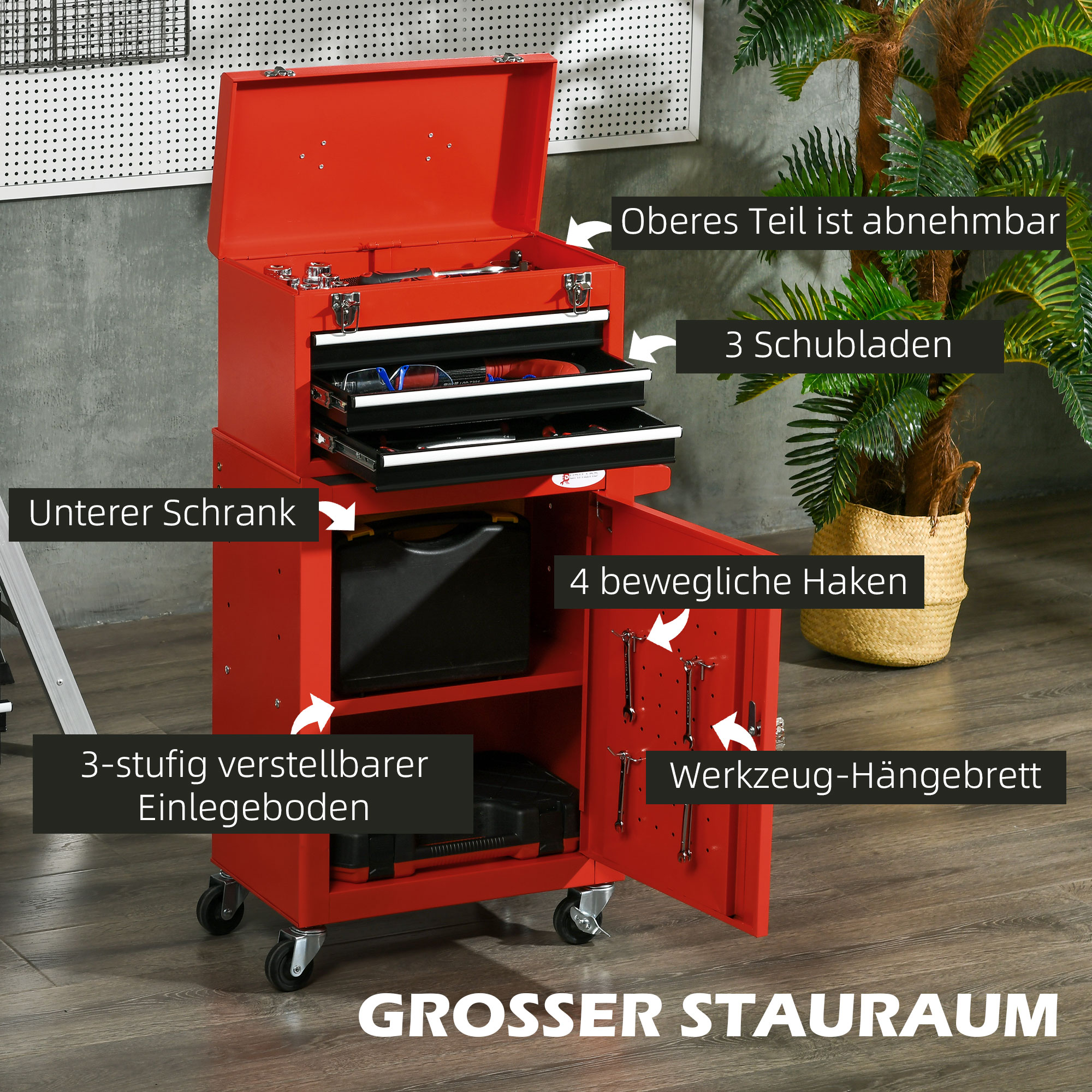 2-in-1 Werkzeugwagen, mobil, 3 Schubladen, Werkzeugtafel, Stahlgehäuse, 46L x 28B x 94H cm, Rot