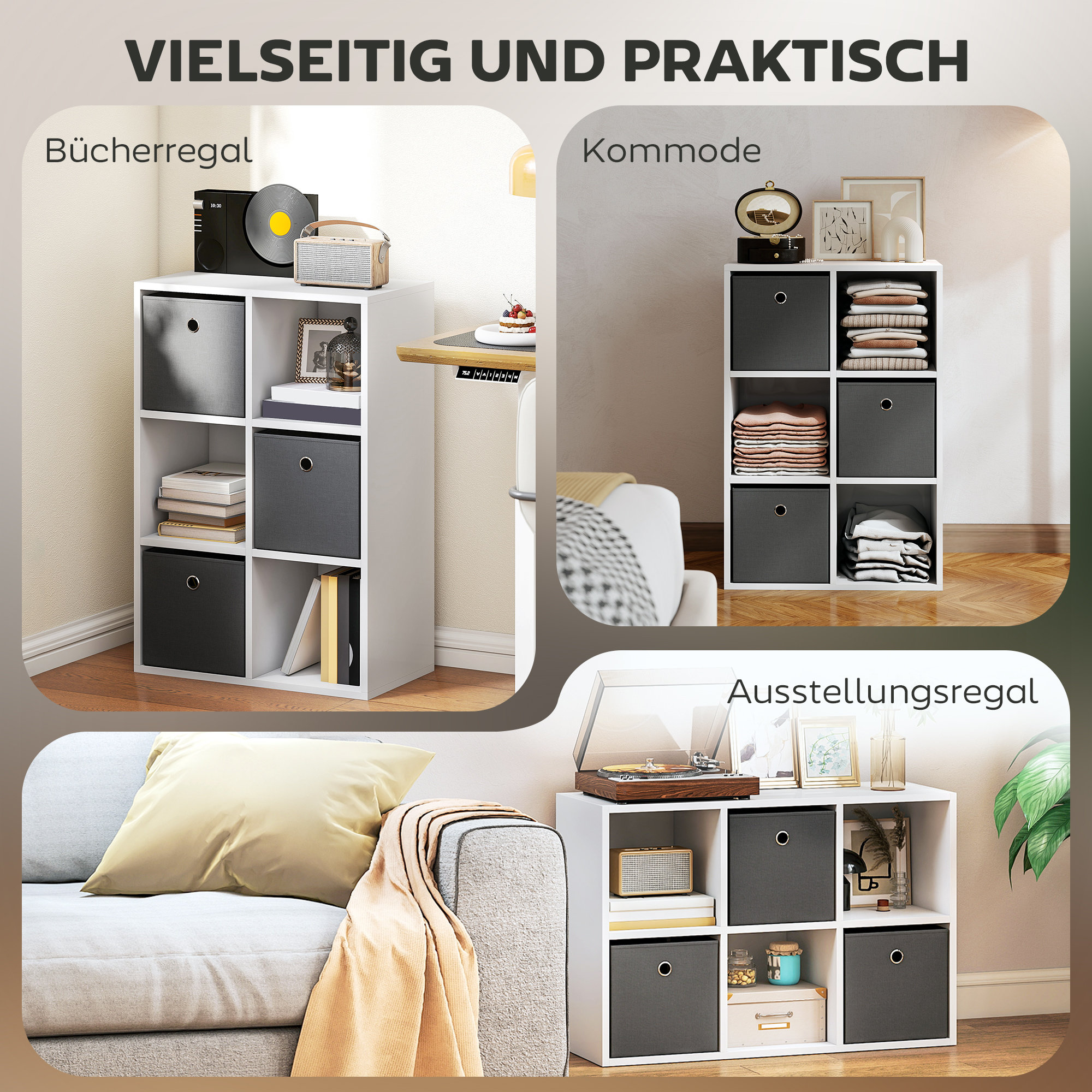Regal mit 6 Fächern und 3 Stoffschubladen, Aufbewahrungsregal, vielseitig, Grau