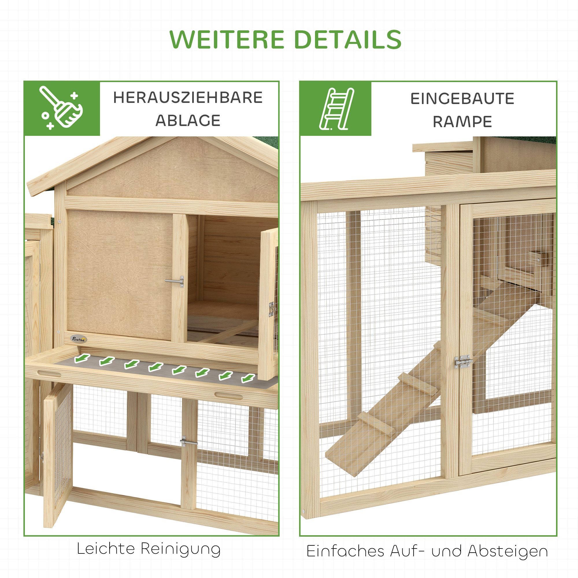 Hühnerstall mit Freigehege, inkl. Nistkasten, Rampe und Bodenwanne Tannenholz Naturholz