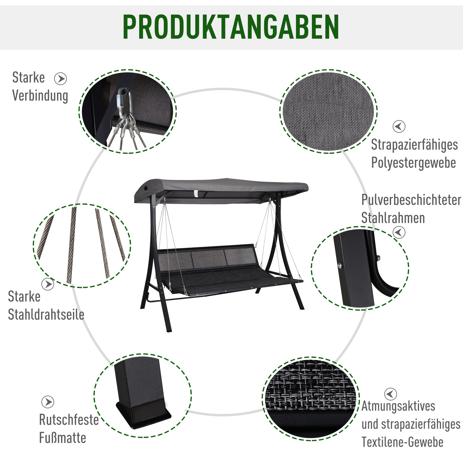 Hollywoodschaukel 3-Sitzer-Hollywoodschaukel, inkl. Kissen, wetterbeständig, 200 cm x 115 cm x 168 cm, Grau