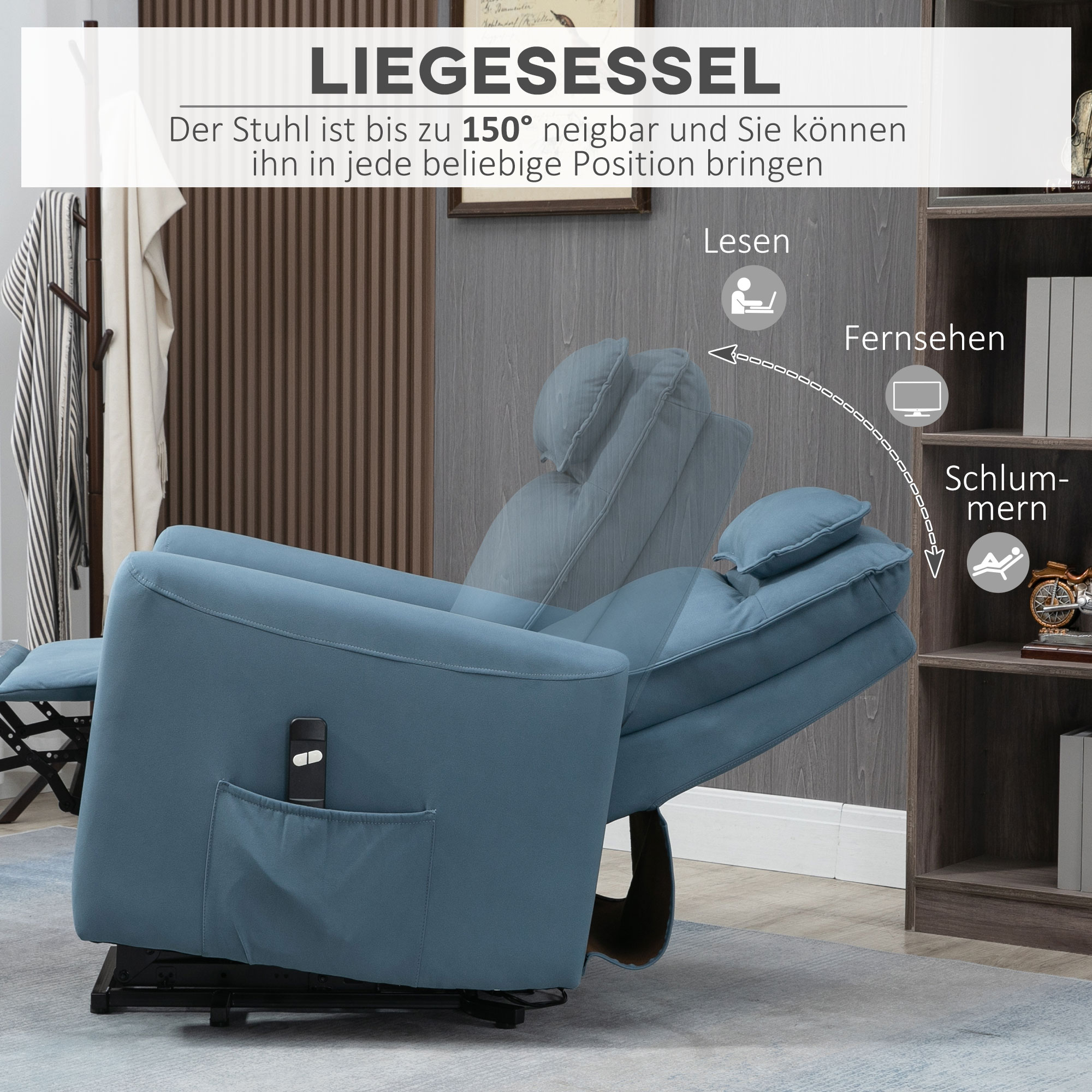 Aufstehhilfe Relaxsessel Fernsehsessel, integrierte Fußstütze, Seitentasche, Kabelfernbedienung, 84 x 89,5 x 105 cm,Blau