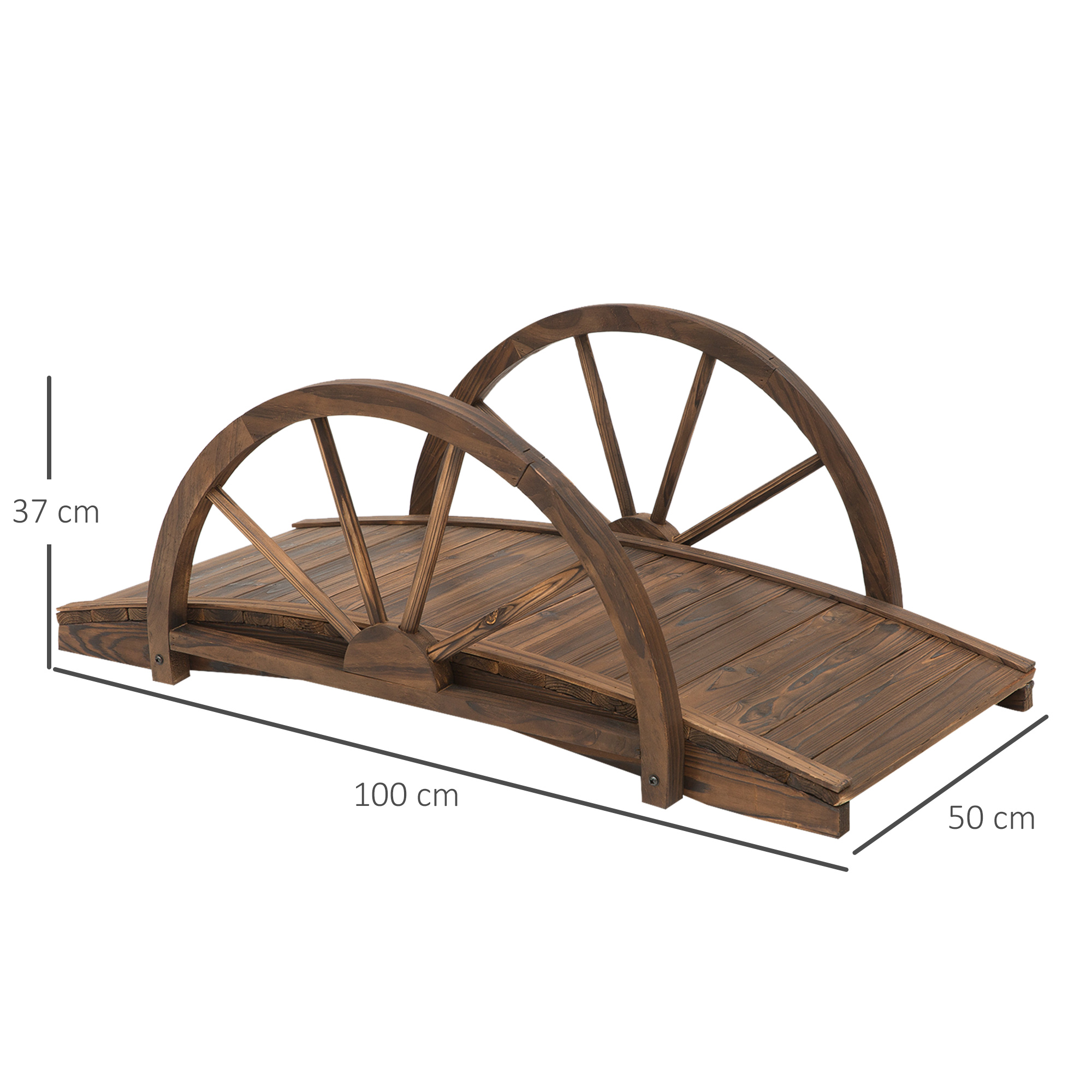 Gartenbrücke aus Tannenholz, Holzbrücke mit Rad Design, Teichbrücke bis 150 kg belastbar 100 x 50 x 37 cm Verkohlt