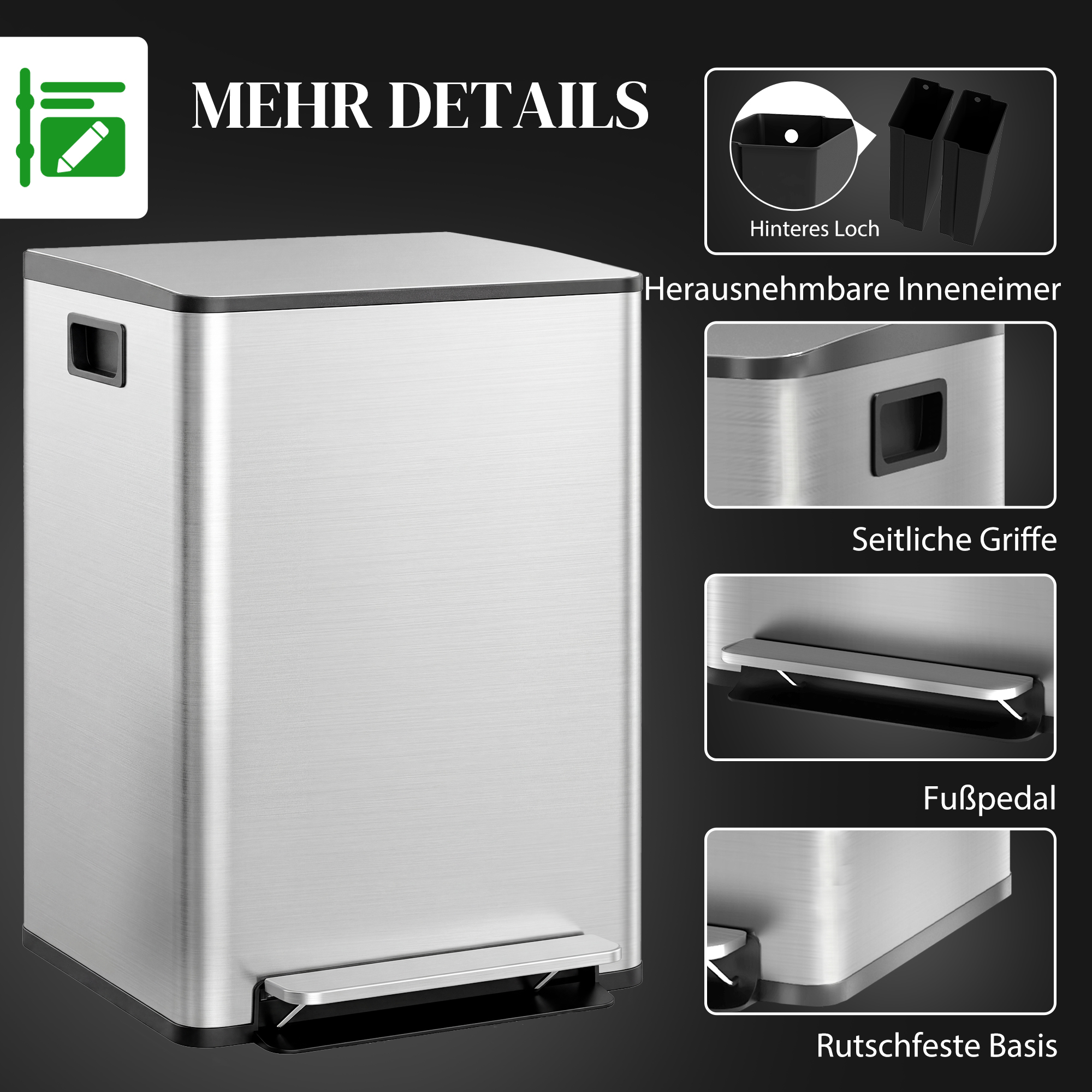 Mülleimer mit 2x30L Fächern, Soft-Close-Deckel, Fingerabdrucksicher, Edelstahl, Silber