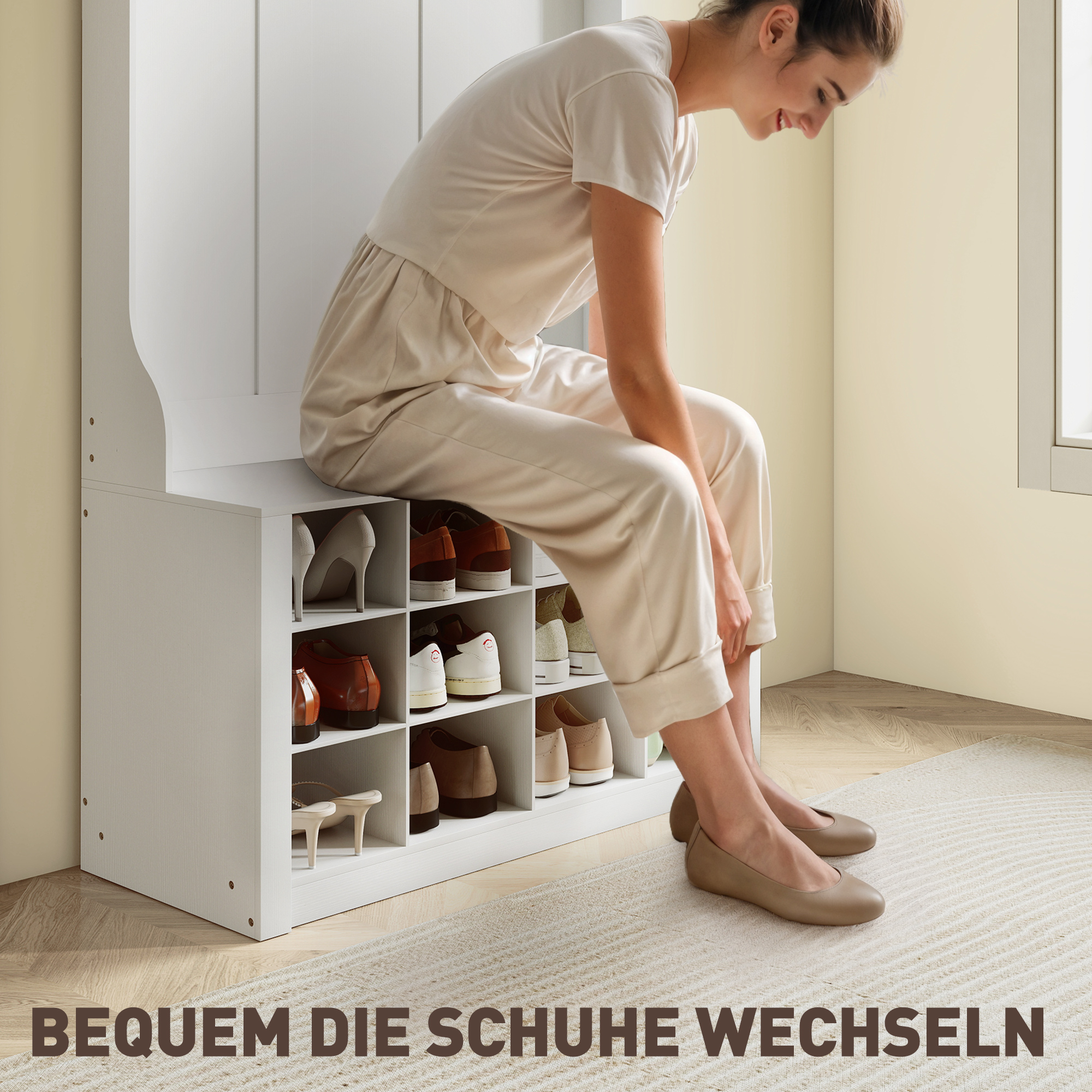 Garderobe mit Regal, Bank, Haken, Schuhfächern, Spanplatten, MDF, Weiß