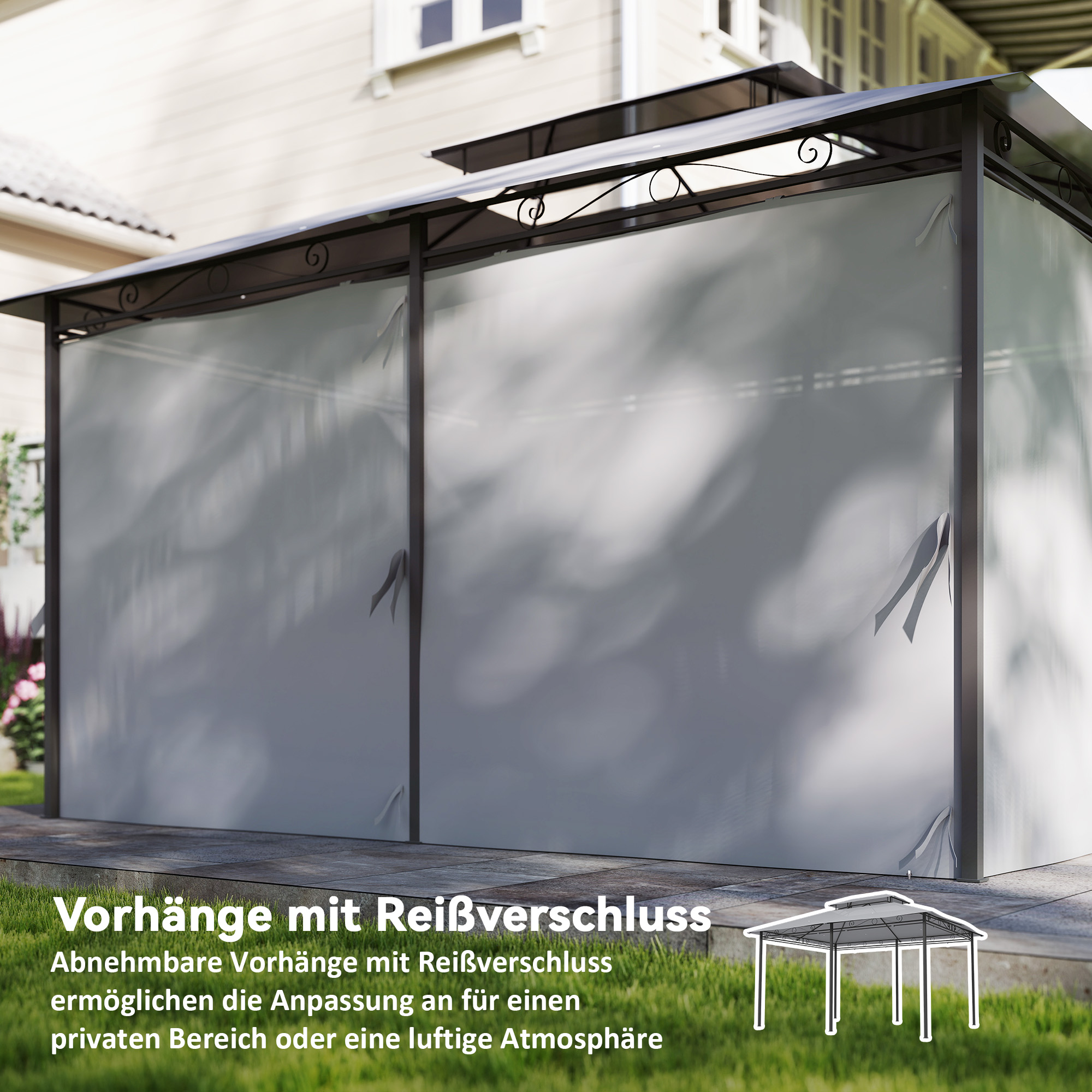 Gartenpavillon, Outdoor Pavillon mit Vorhängen, belüftetem Dach, Dunkelgrau