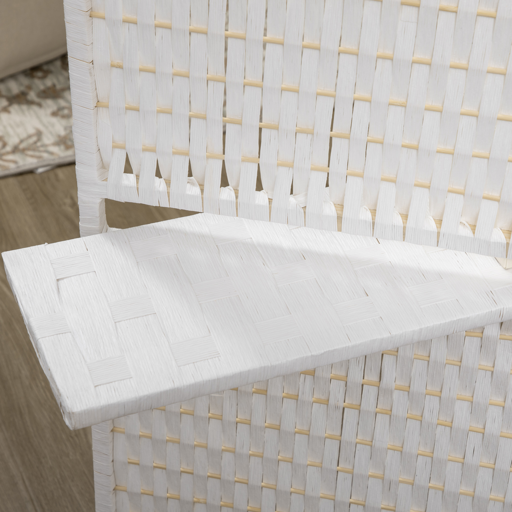 Paravent 4-teilig 181 x 180 cm Faltbar Raumteiler mit 2 Regalen aus Kiefernholz, Bambus für Schlafzimmer, Weiß