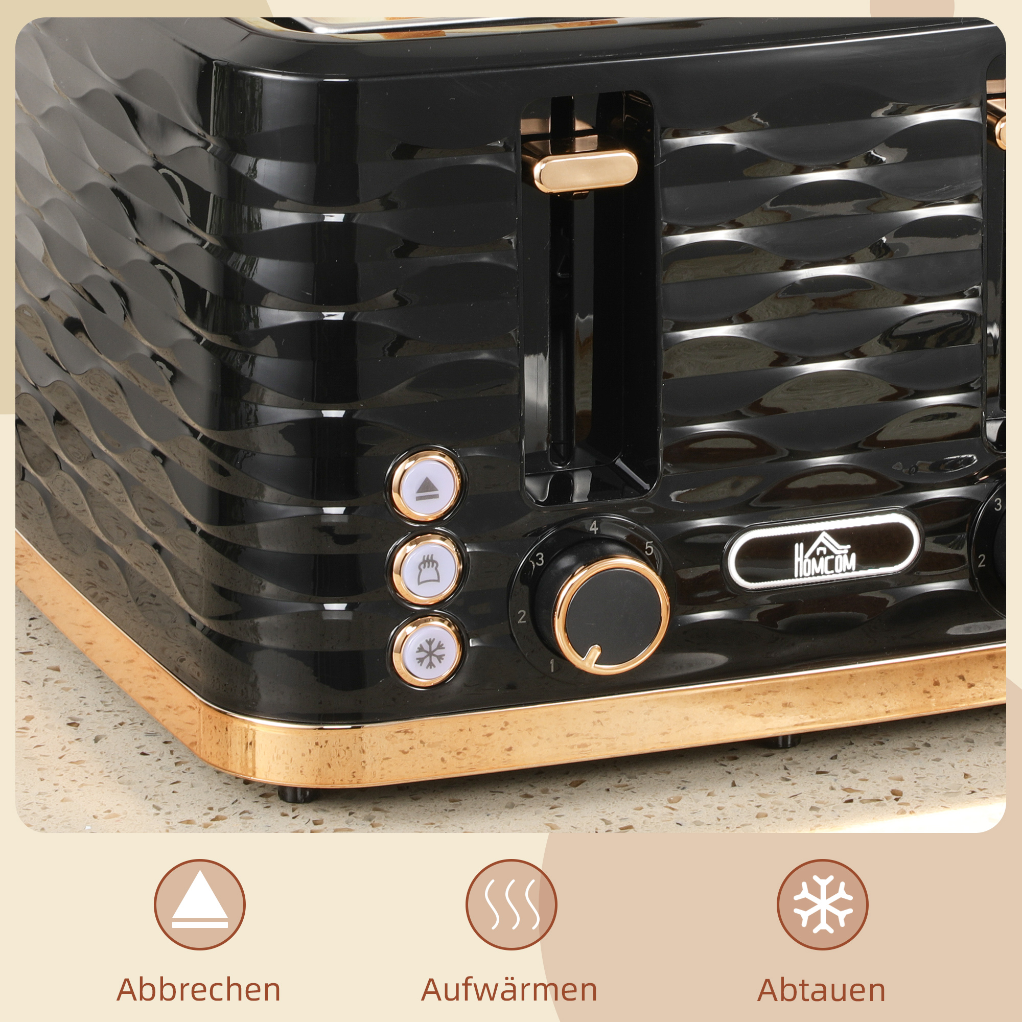 4-Scheiben-Toaster, wellenförmiges Design, mehrere Funktionen, Krümelfach, Schwarz