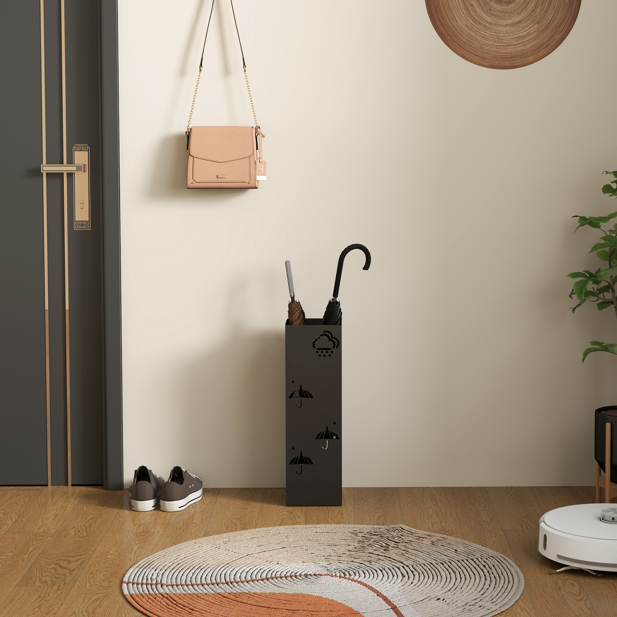 Schirmständer aus Metall, 4 Haken, Wolken- und Schirmmuster, Tropfblech, Schwarz