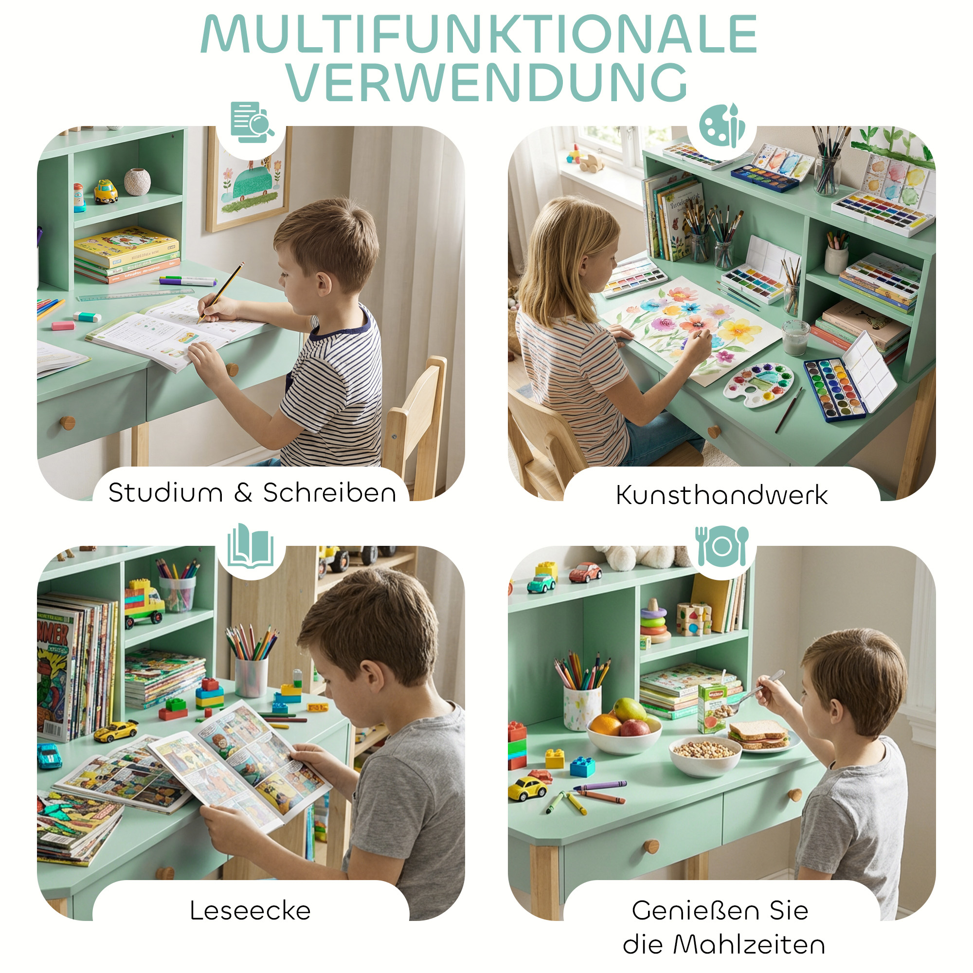 Kinderschreibtisch Schülerschreibtisch mit Schubladen Regal Stauraum für 5-12 Jahre Kinder 90 x 52 x 105 cm Grün