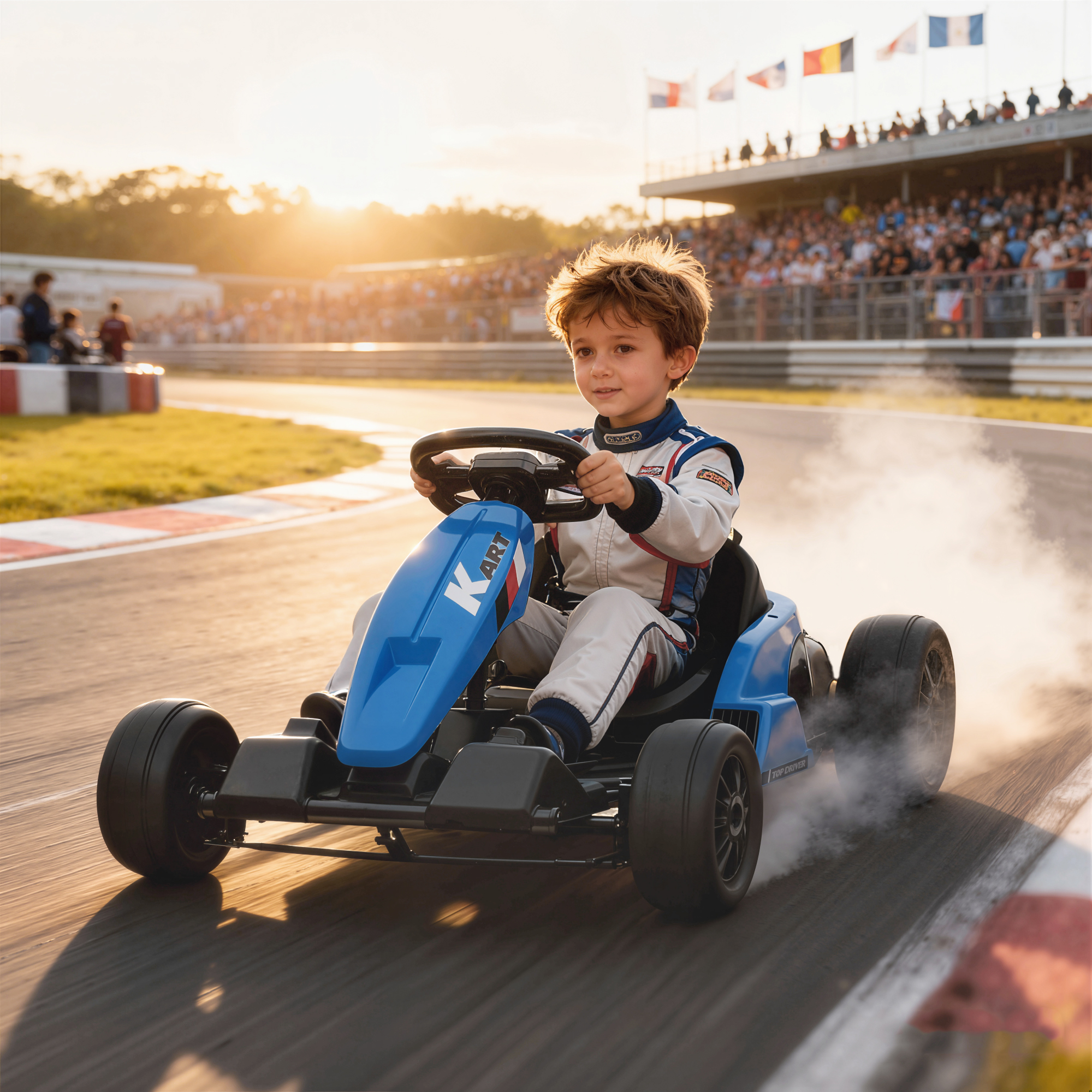 24V elektrisches Go-Kart, Drift-Modus, verstellbarer Sitz, 5-Punkt-Sicherheitsgurt, Musikfunktion, Hupe, 6-12 Jahre Blau