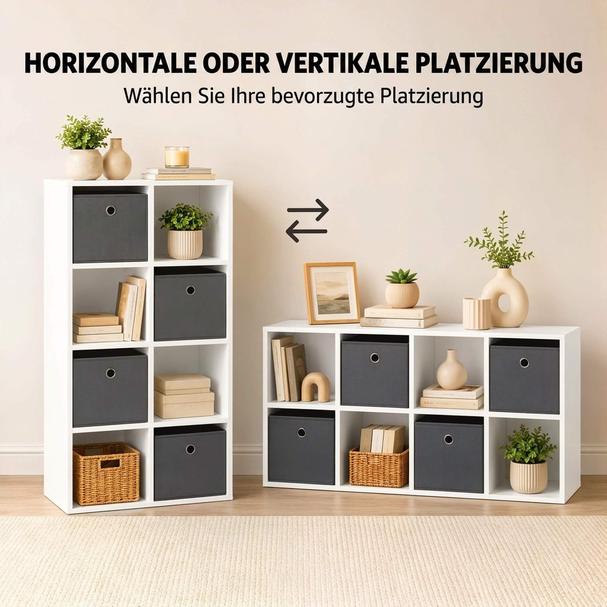 Regal mit 8 Fächern und 4 Stoffschubladen, Aufbewahrungsregal, vielseitig, Grau