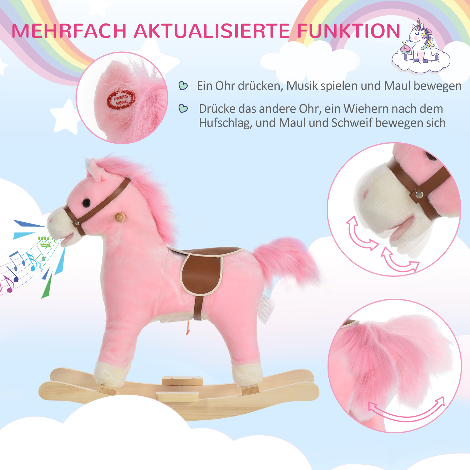 Kinder Schaukelpferd Baby Schaukeltier Pferd mit Tiergeräusche Spielzeug Haltegriffe für 36-72 Monate Plüsch Rosa 65 x 32,5 x 61 cm