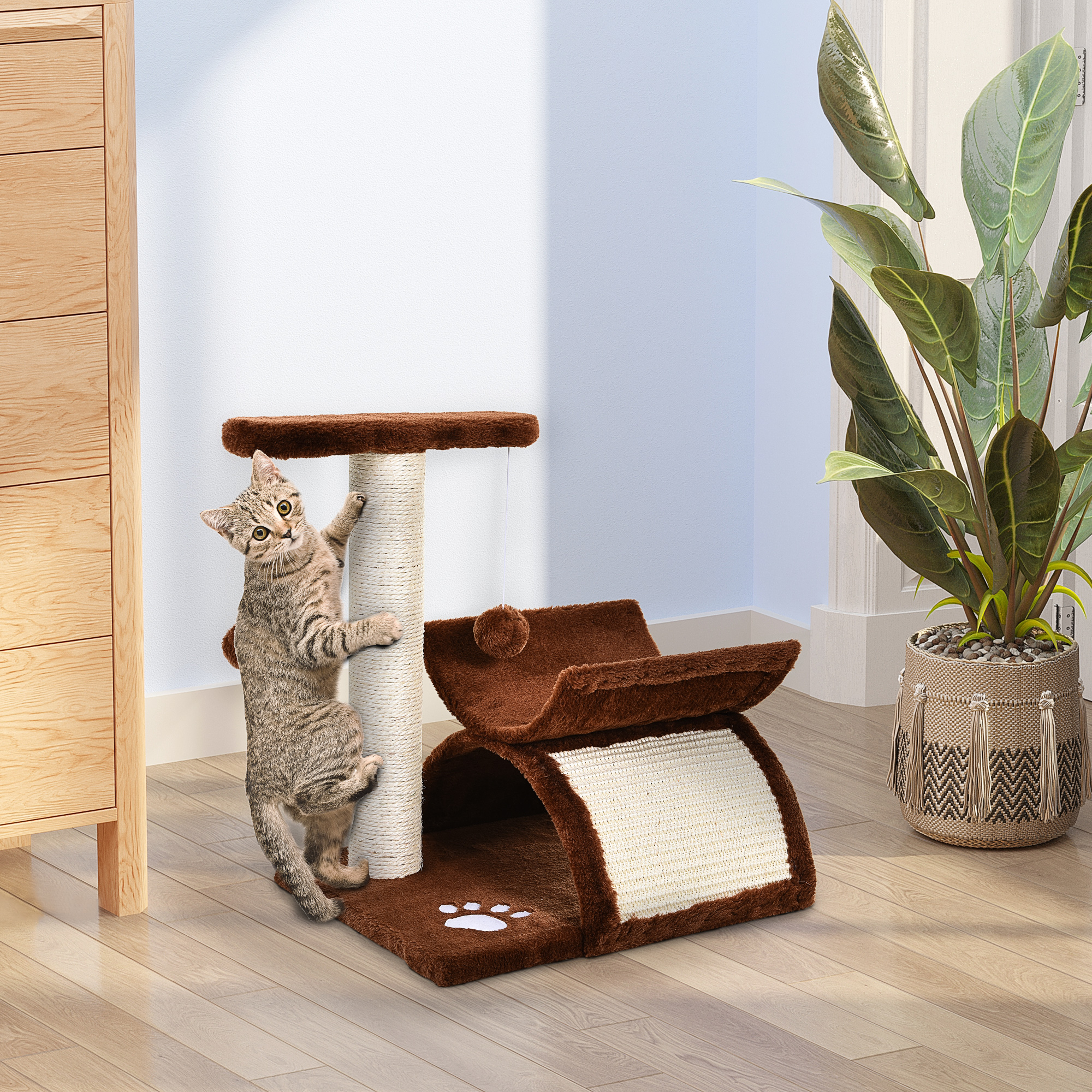 Kratzbaum 43 cm Kleiner Katzenbaum mit Tunnel, U-förmige Liegefläche, Katzenkratzbaum mit Kratzbrett, Spielball, Katzenmöbel für kleine Katzen, Braun