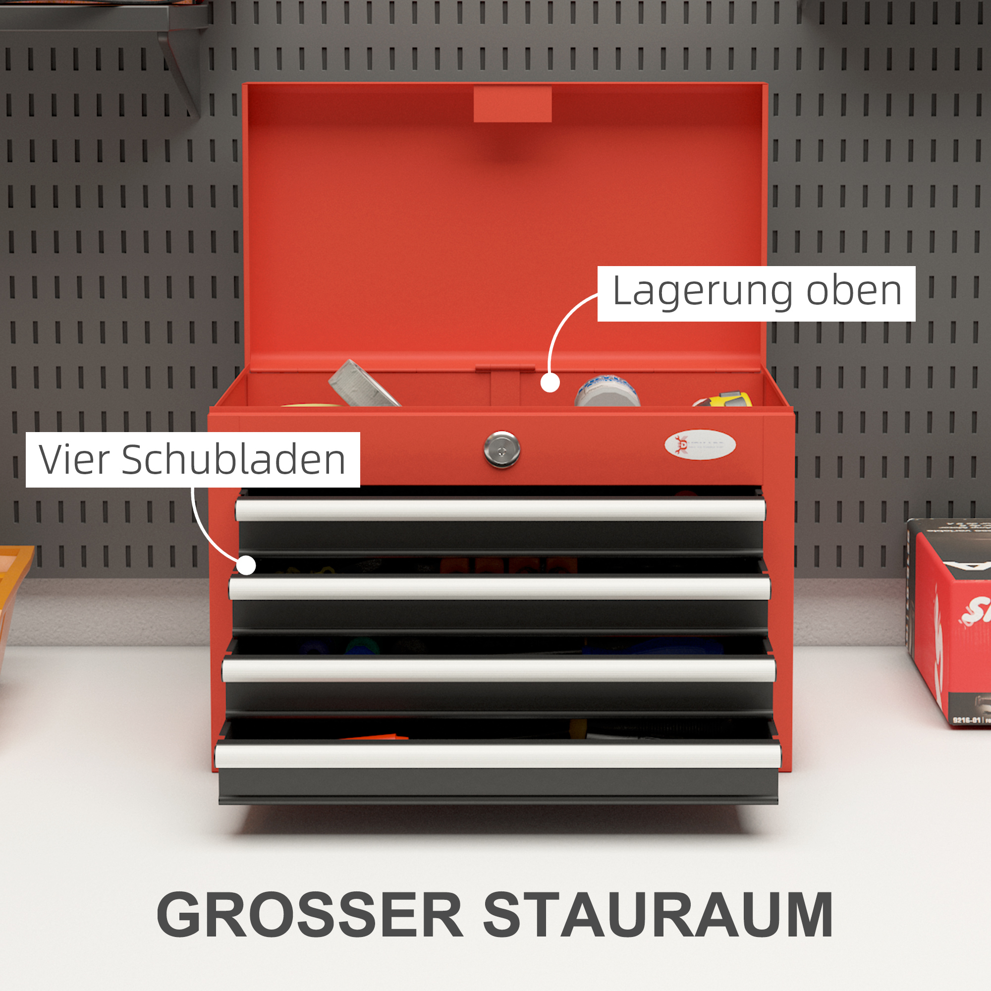 Werkzeugkasten Werkzeugtrolley, inkl, Schloss, 2 Schlüssel, 45 cm x 24,5 cm x 32,5 cm, Rot