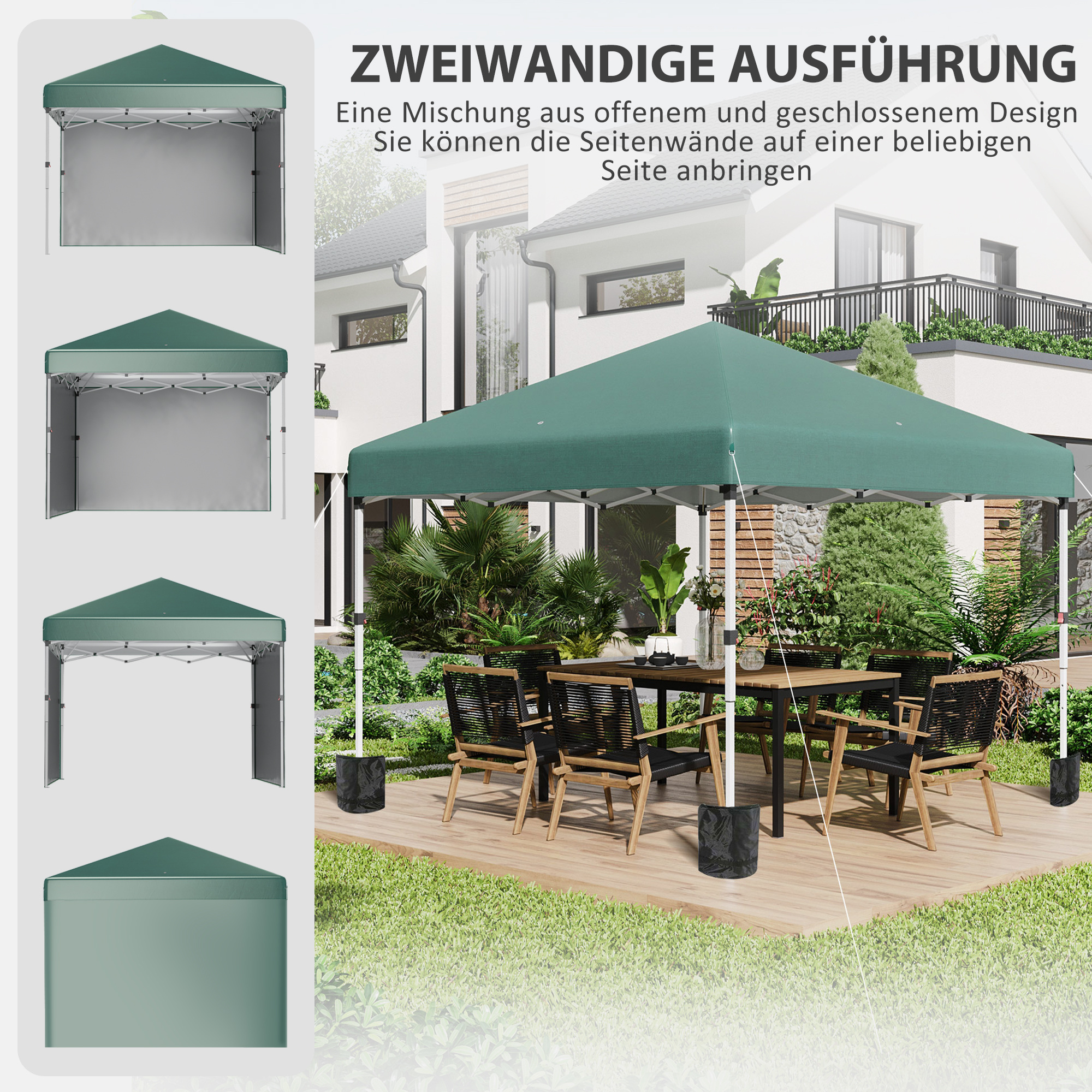 Faltpavillon, 2 Seitenwände, höhenverstellbar, mit Transporttasche, rostfreies Stahlgestell, 3 x 3 m, Grün
